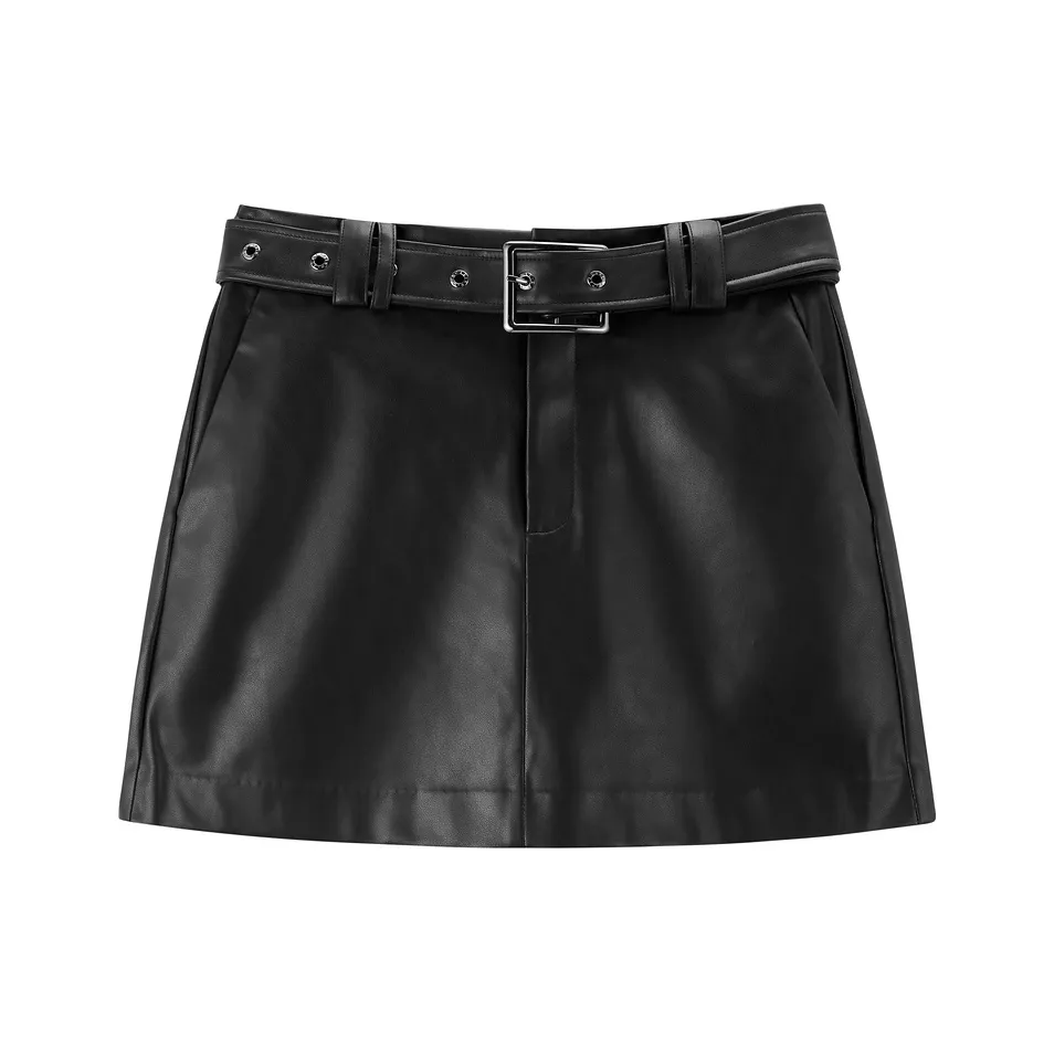 PEACEBIRD Кожаные короткие юбки Женские Черный