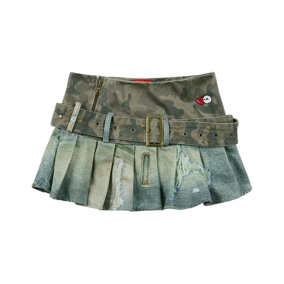 GOOD BAI GOODEES Series Denim Short Skirts Women's Denim Blue/Green Camouflage