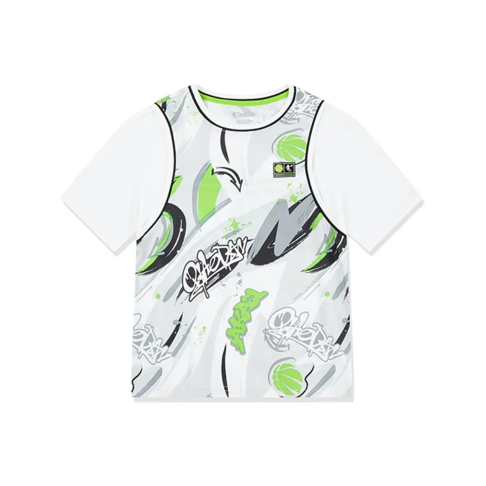 QIAODAN T-рубашка с принтом серая и зеленая с принтом по всей поверхности для подростков