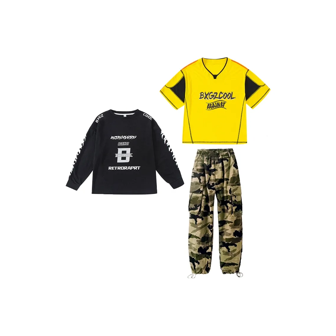 HEINBBE Повседневная спортивная одежда Желтая футболка + Черная футболка + Камуфляжные штаны Подростки
