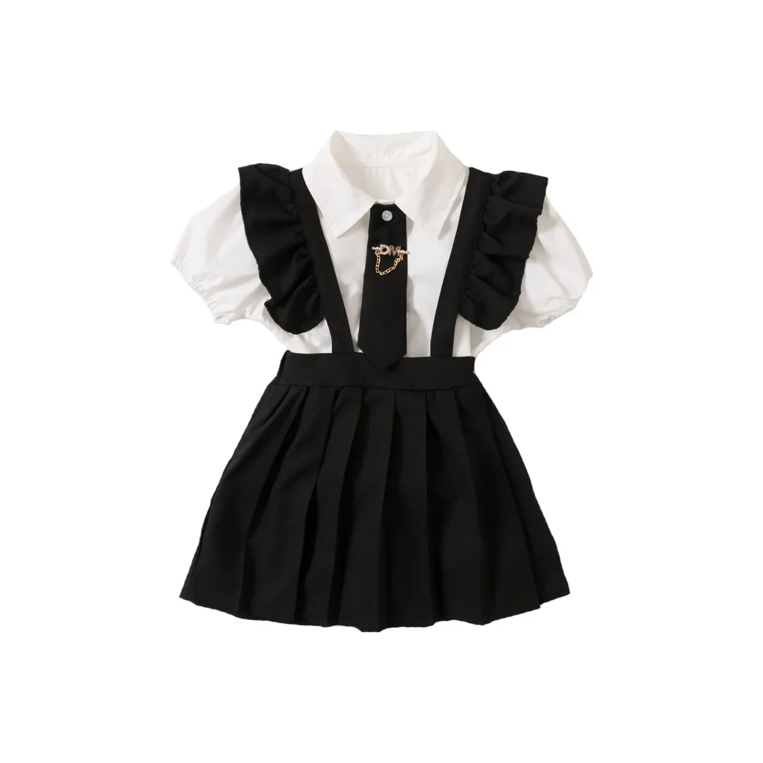 Детский комплект Aisina для детей 3-7 лет белый топ + черная юбка с подтяжками