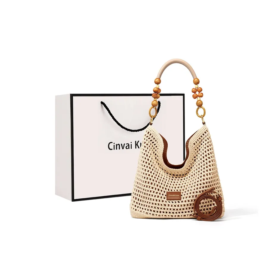 CinvaiKrose Ткань Лето Seaside Vacation Style Beach Tote Cut-Out Woven Bag Medium Women's Экрю Хаки