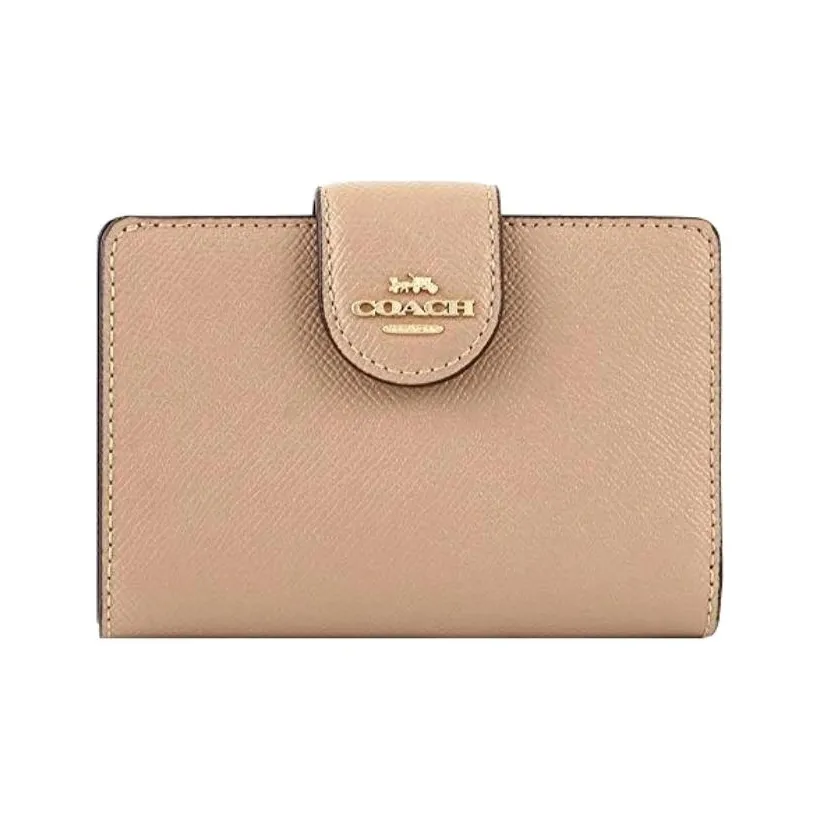 COACH Corner Zip Крестообразная текстура Кожа Карман для хранения Карман для монет Держатель для карт Кошелек Обычный Женские Овсяный