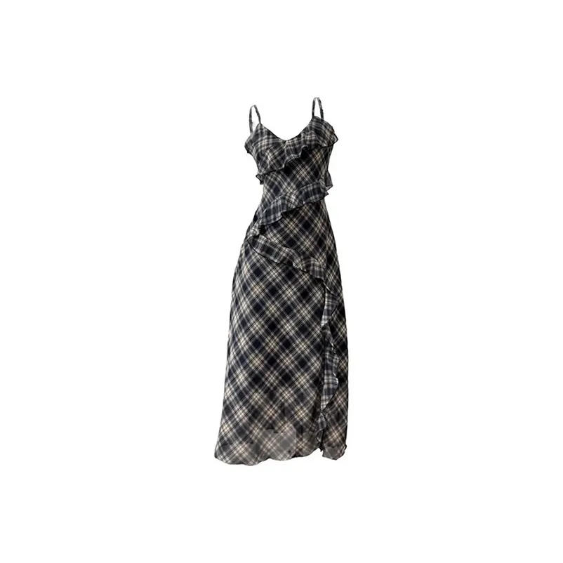 PAZZO Slip Dresses Women's Navy Blue Plaid