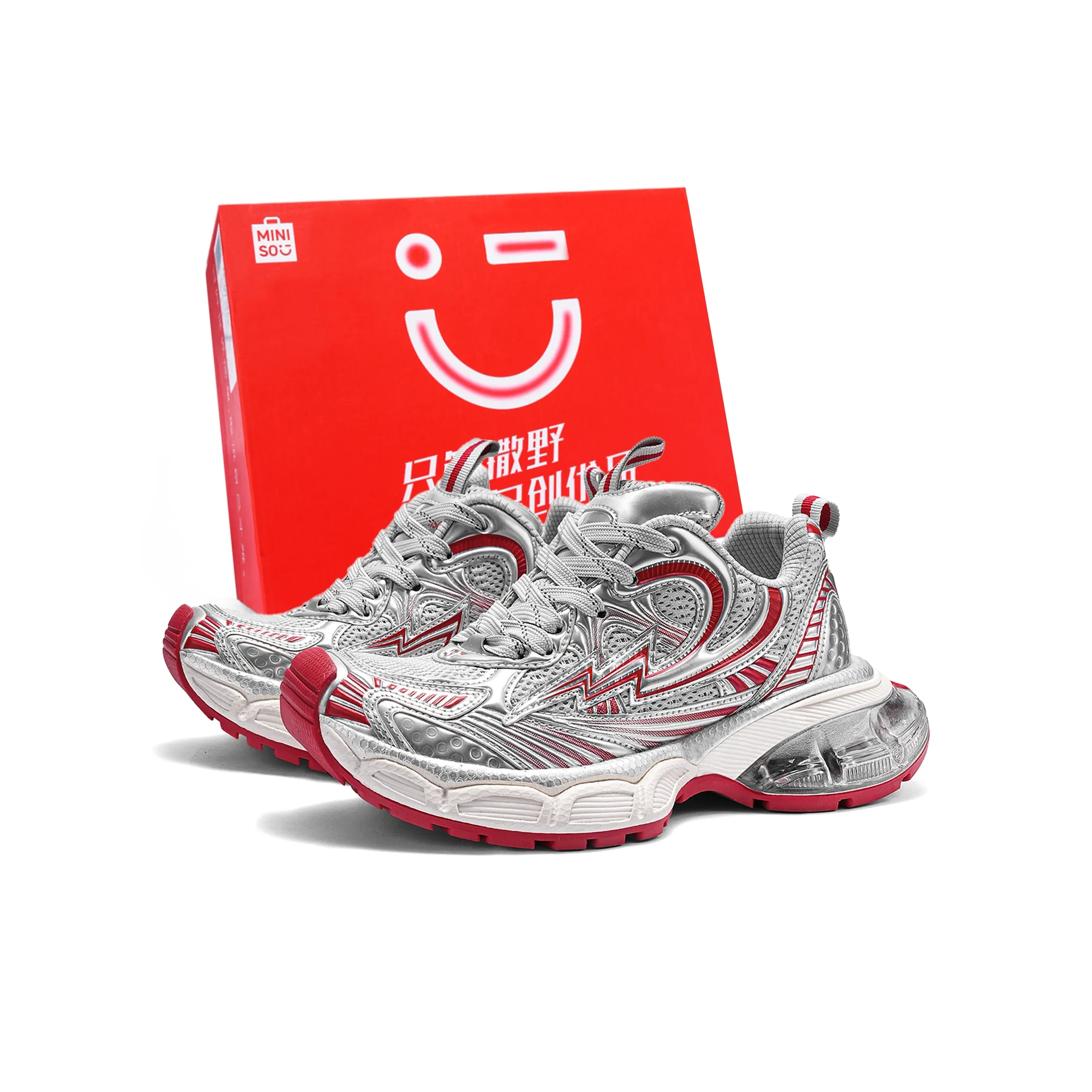 Miniso Lightning Vengeance Storm Collection Масло-Подошва Низкие Кроссовки Унисекс Серебряный Красный
