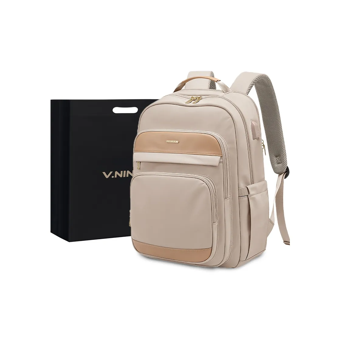V.NINE Ткань с синтетической кожей рюкзак большой женский абрикос элегантный черный