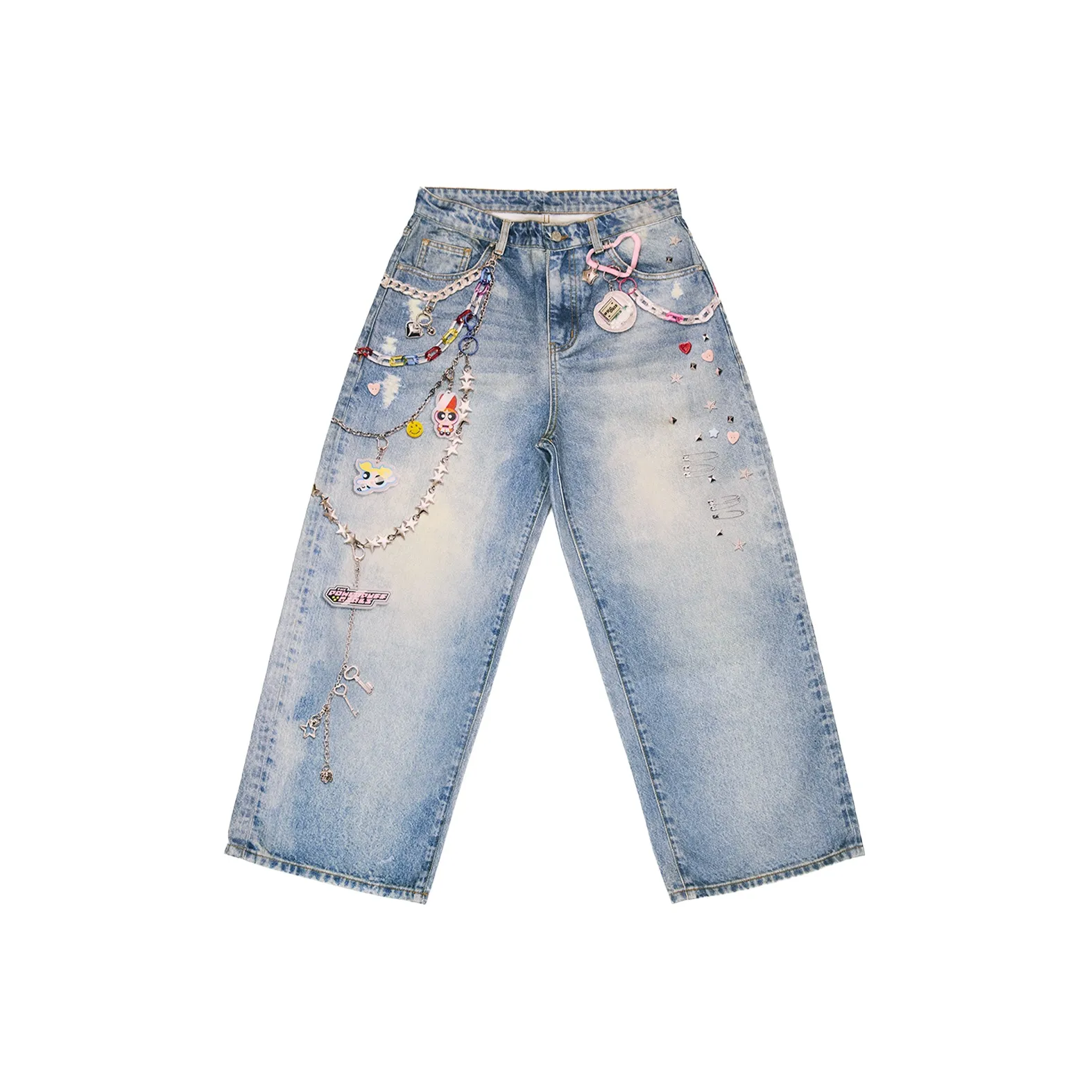 WHOOSIS × The Powerpuff Girls, Collaboration Collection, промытый синий унисекс джинсы