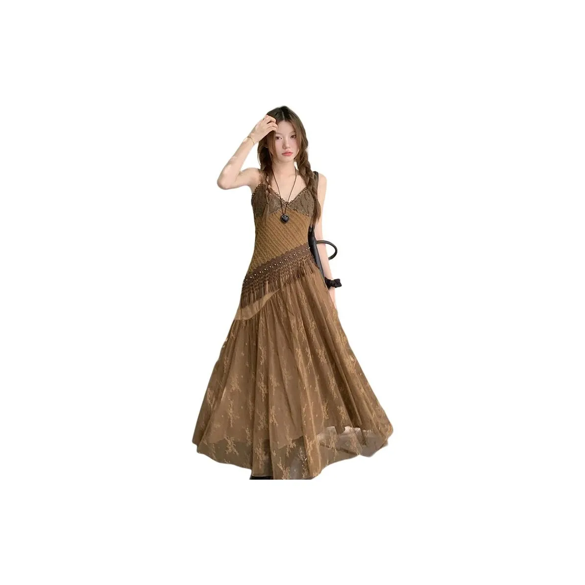 DOSOHEB Slip Dresses Women's Vintage Brown Slip Dress