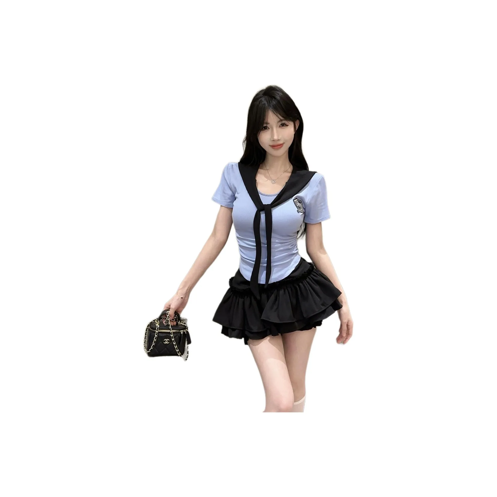 Dior Beauty Two Jan Skirt Sets Women's Blue Short Sleeved Top, Black Skirt Pants