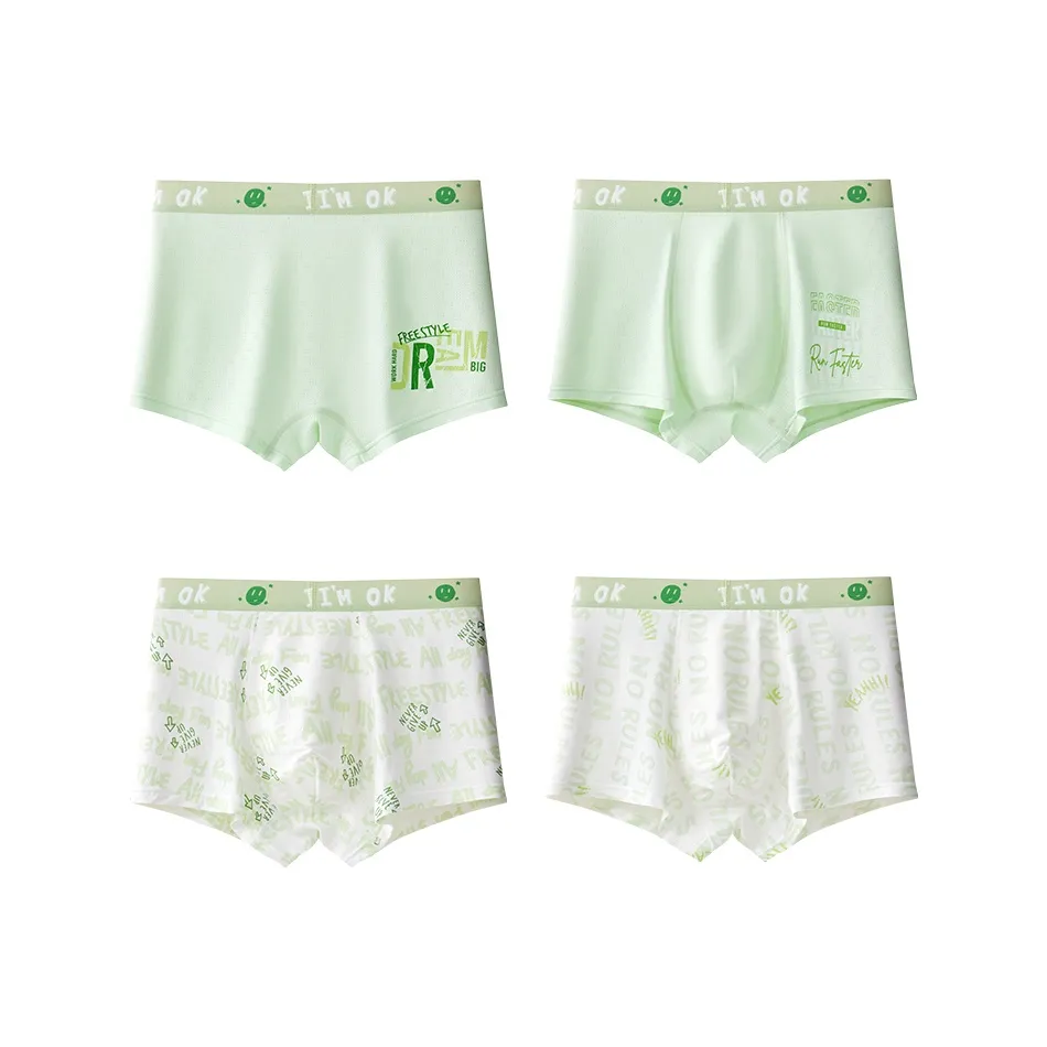 Хлопок, 4 шт. [Слоновая кость + Изумрудно-зеленый + Слоновая кость + Изумрудно-зеленый] Школьный возраст, трусы