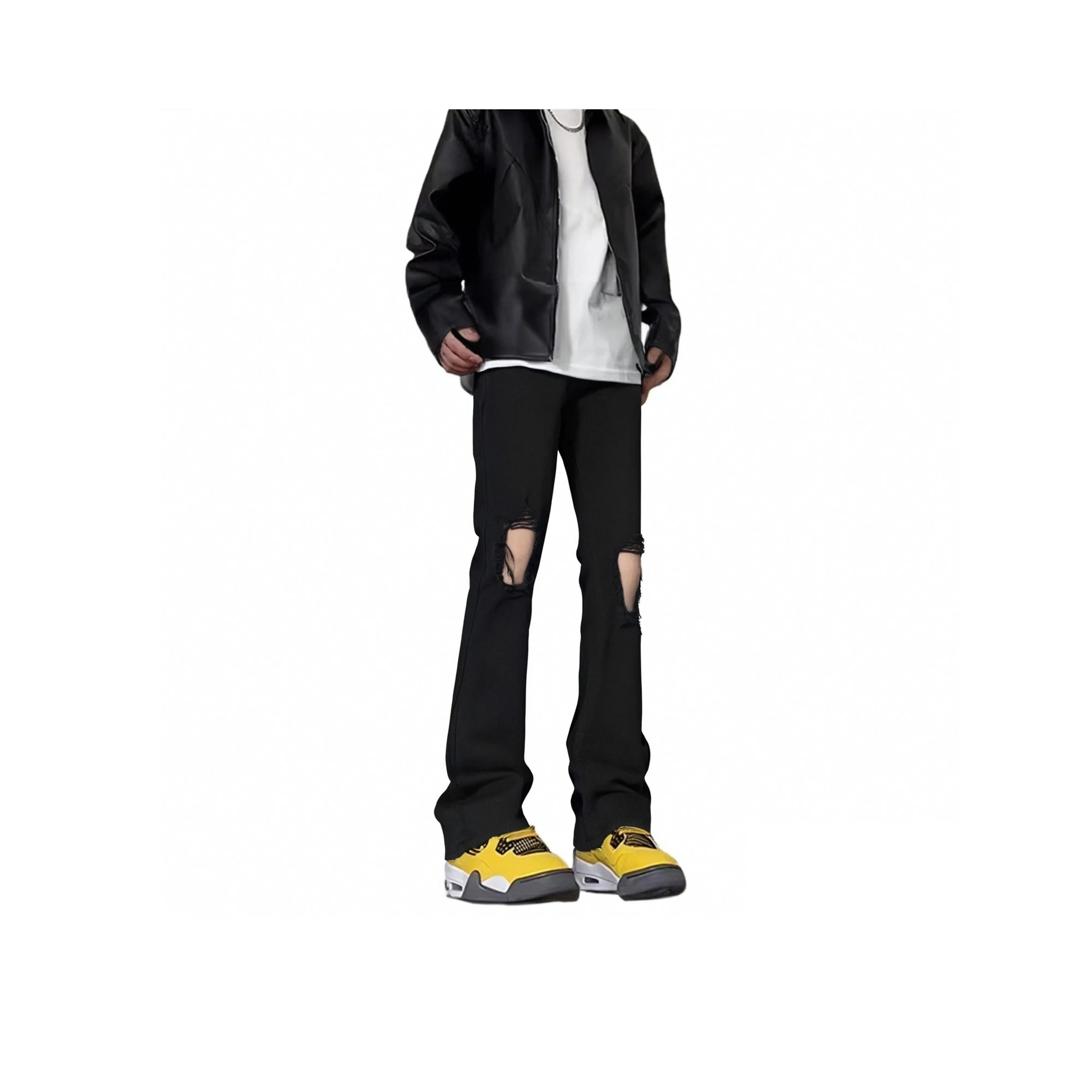 Menglaini Jeans Unisex Black[Frayed Edge Ripped]