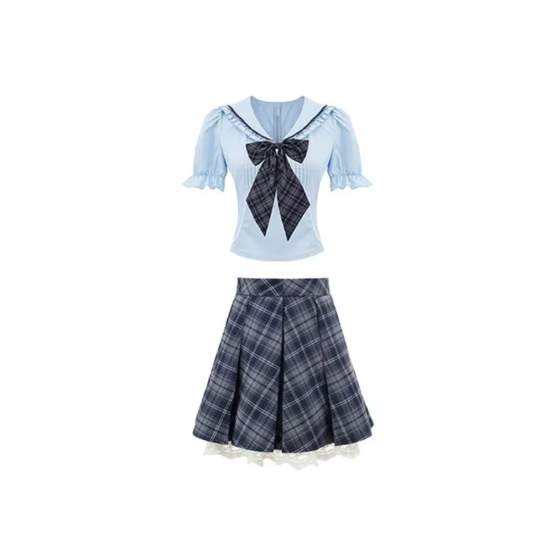 TIBINB Синий комплект Топ+юбка+Бант Женские Комплекты с юбкой