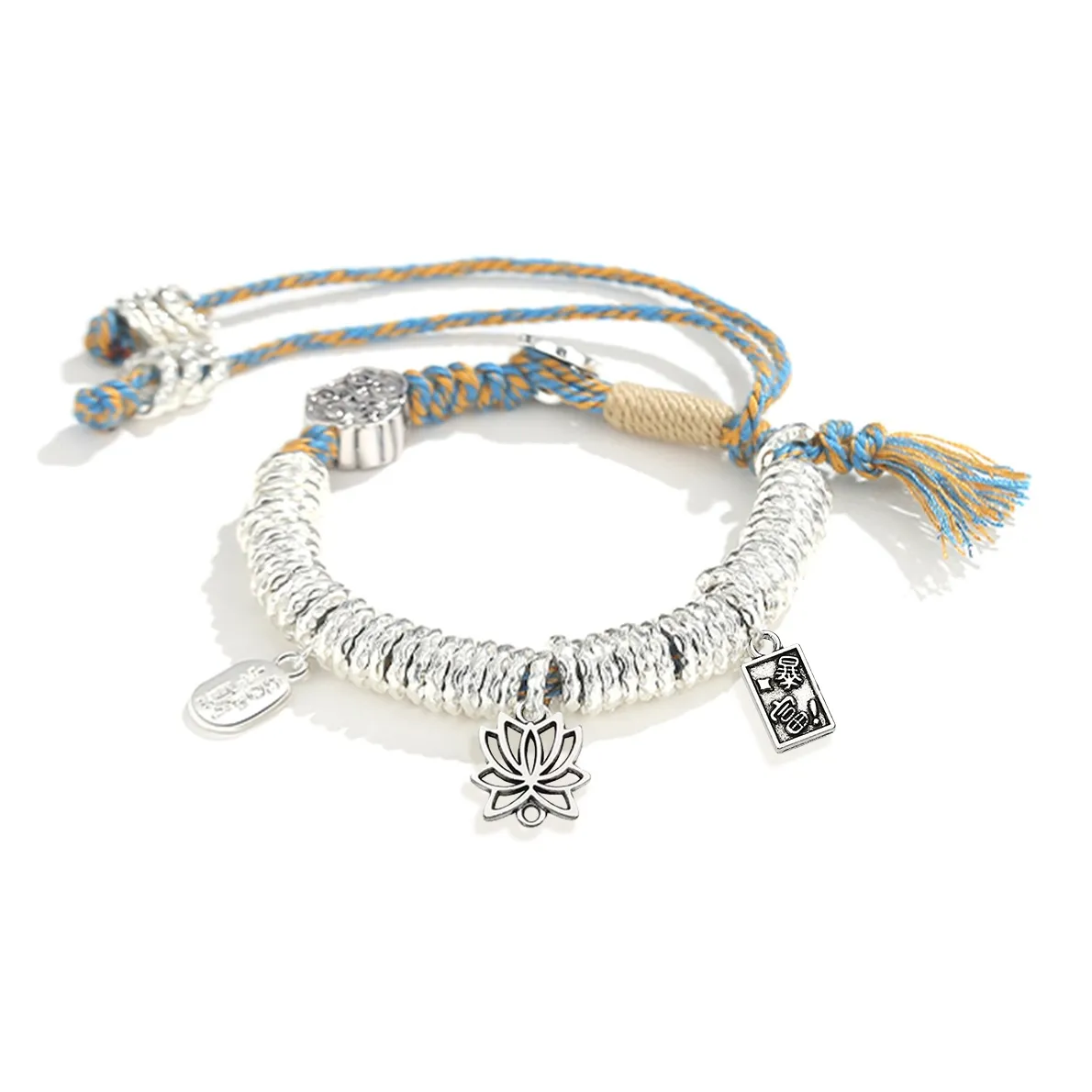 HOLLY RYAN Alloy New Chinese Style Silver Nugget Pendant, Wealth Fortune Lotus Woven Rope Bracelet, Adjustable Unisex