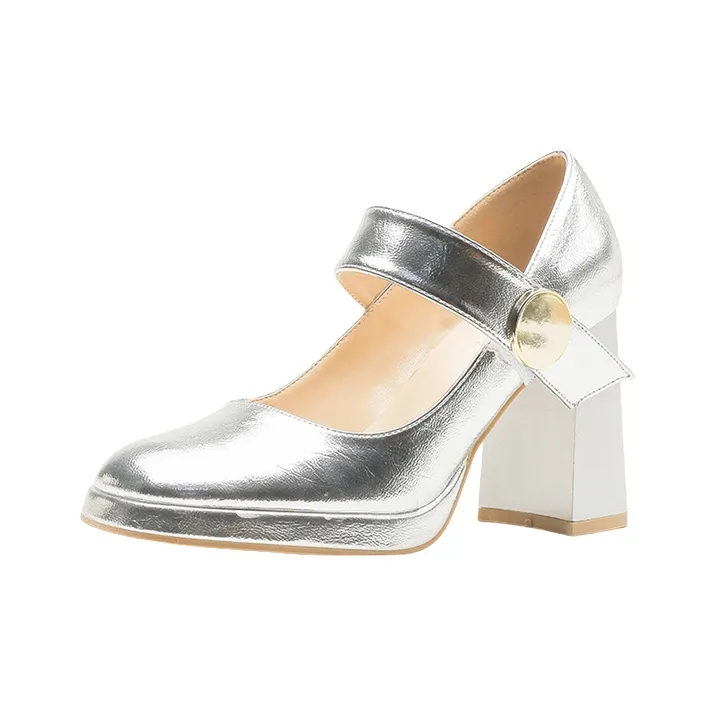 BIGTREE Грубый каблук Туфли Мэри Джейн Женские Серебряные