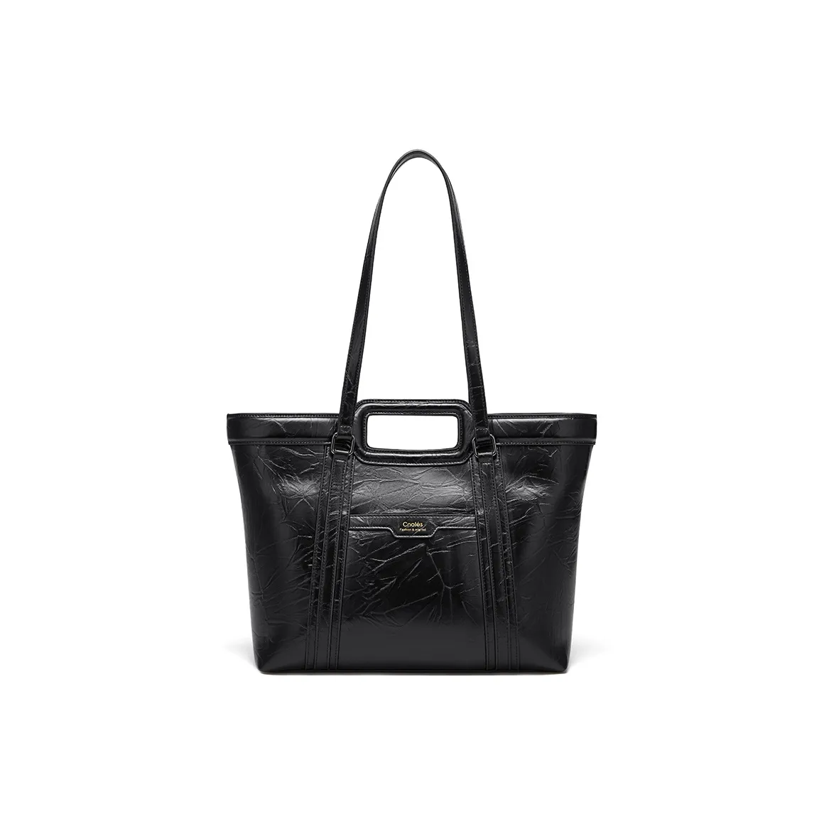 CNOLES Hand Grab Texture Shinny PU Leather Tote Bag, Shopping Bag, Shoulder Bag Regular Women's Black