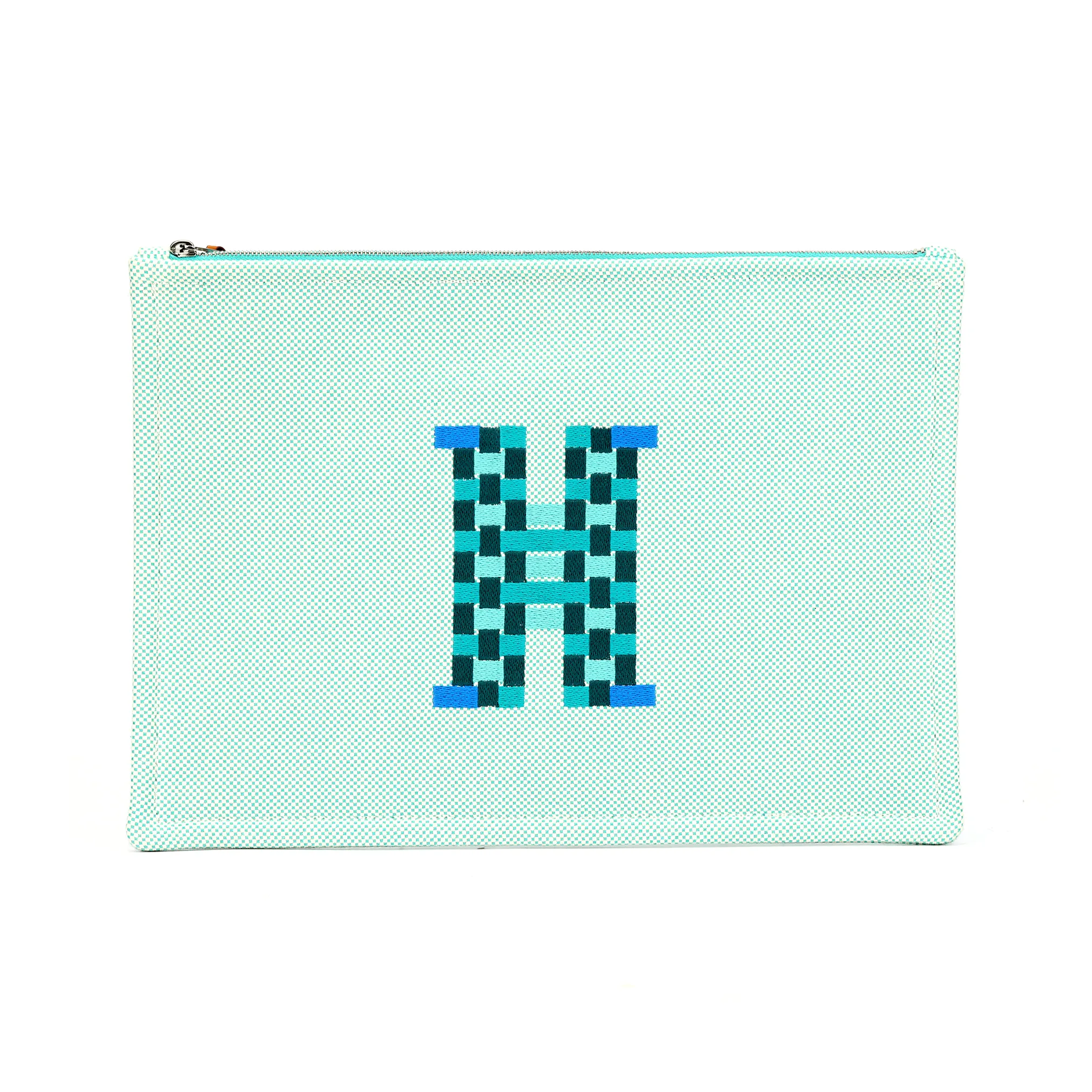 HERMES H Tissage Cotton Canvas Bag Clutch Storage Bag Large Size Unisex Blue & Green