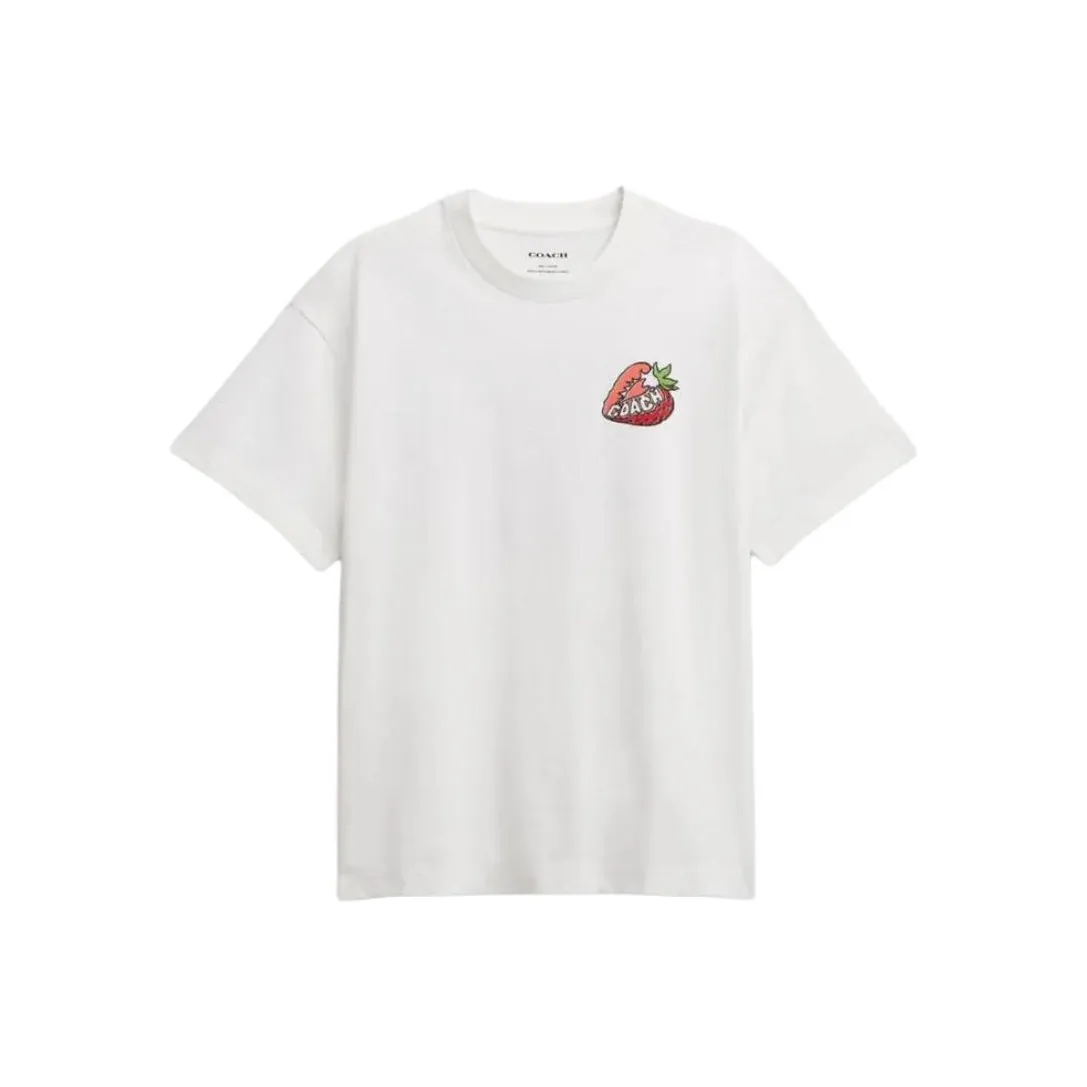 COACH Strawberry Print Crew Neck Pullover Short Sleeved T Shirt Women's White