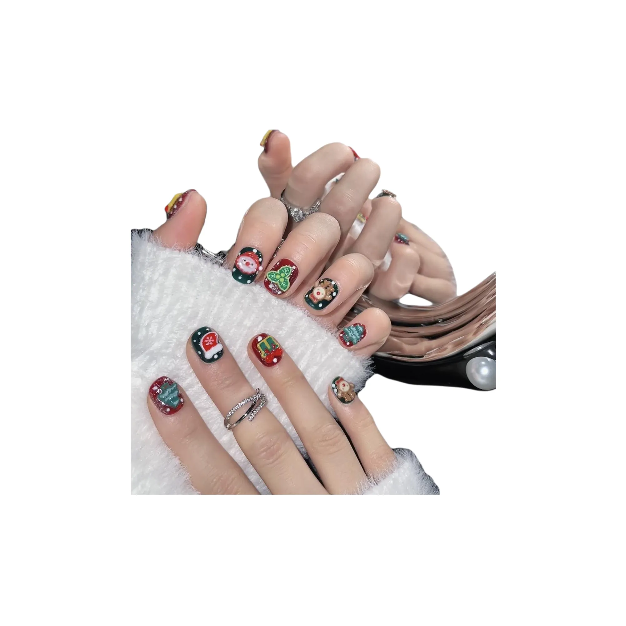 Rui Jin Рождество Снеговик Олень False Nail Укороченный Короткий LADDER Многоцветный Градиентный Милый