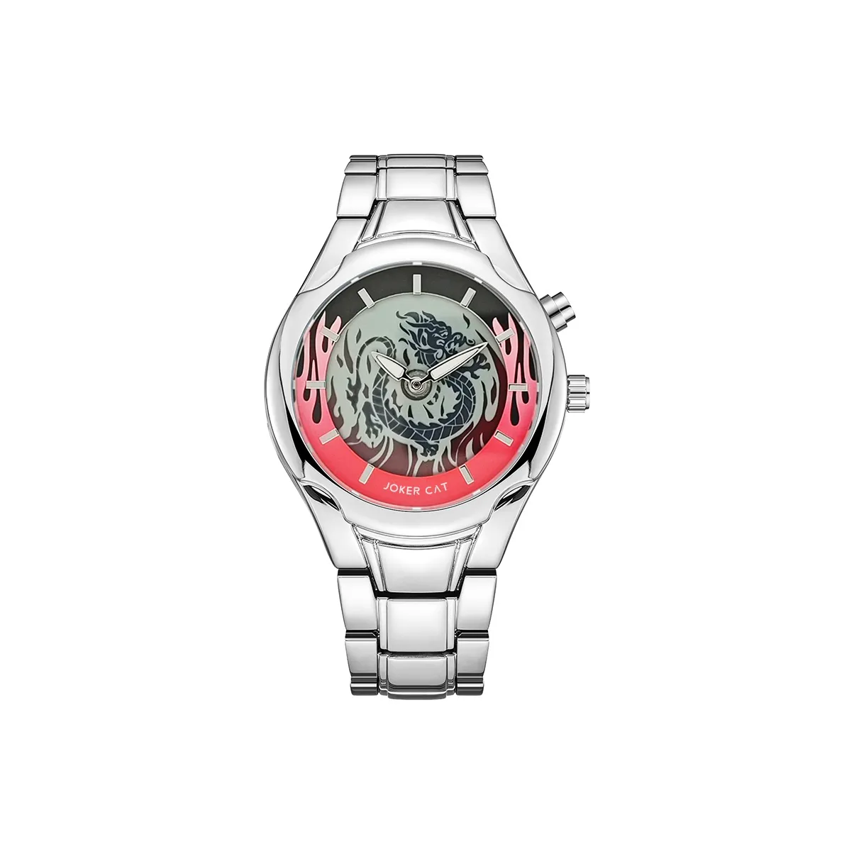 JOKER CAT Пламя Дракон Кварцевый механизм Металлический ремешок Часы Унисекс Красный циферблат часов