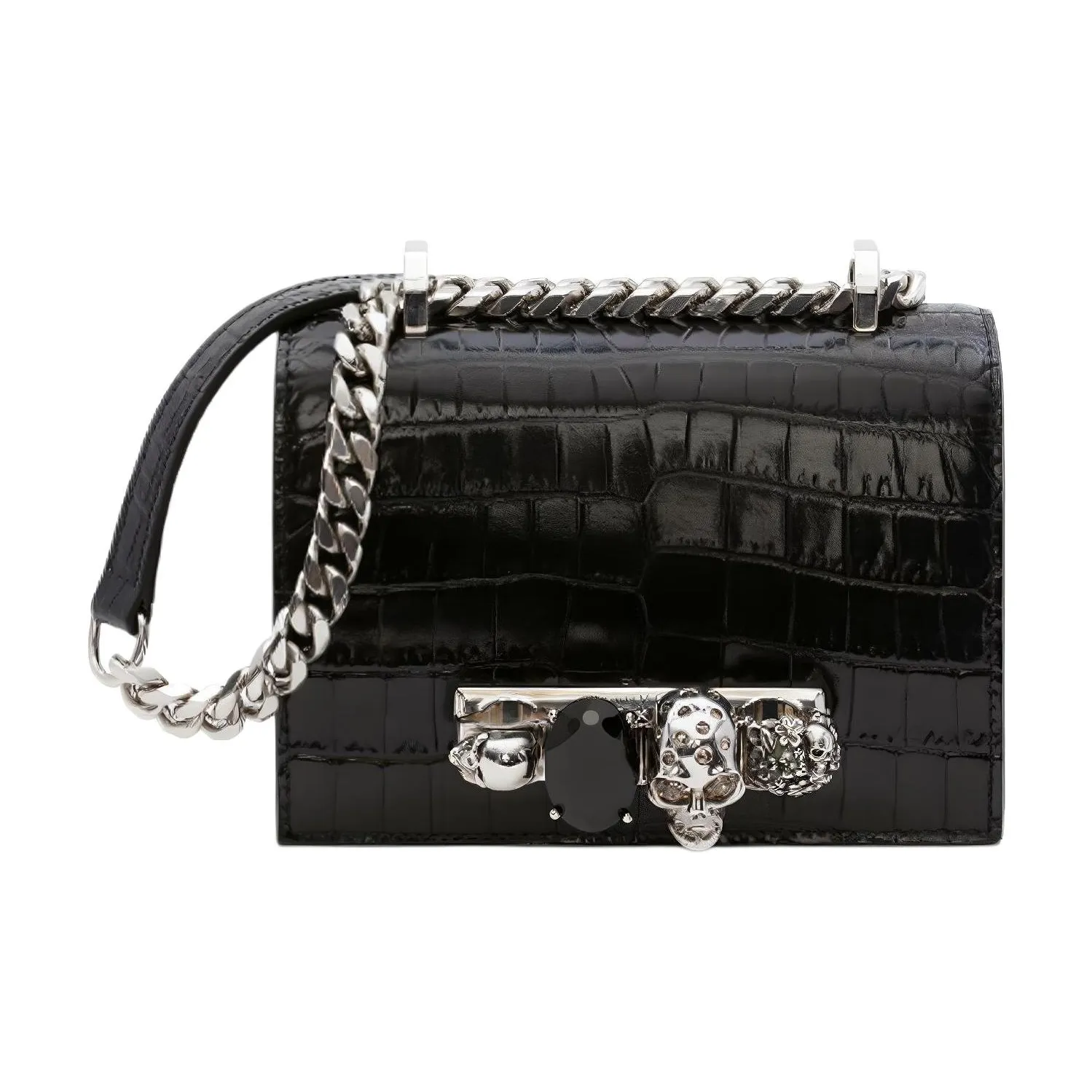 Alexander McQueen Crocodile Embossed Calfskin Handheld Shoulder Bag, Crossbody Bag Mini Women's Black