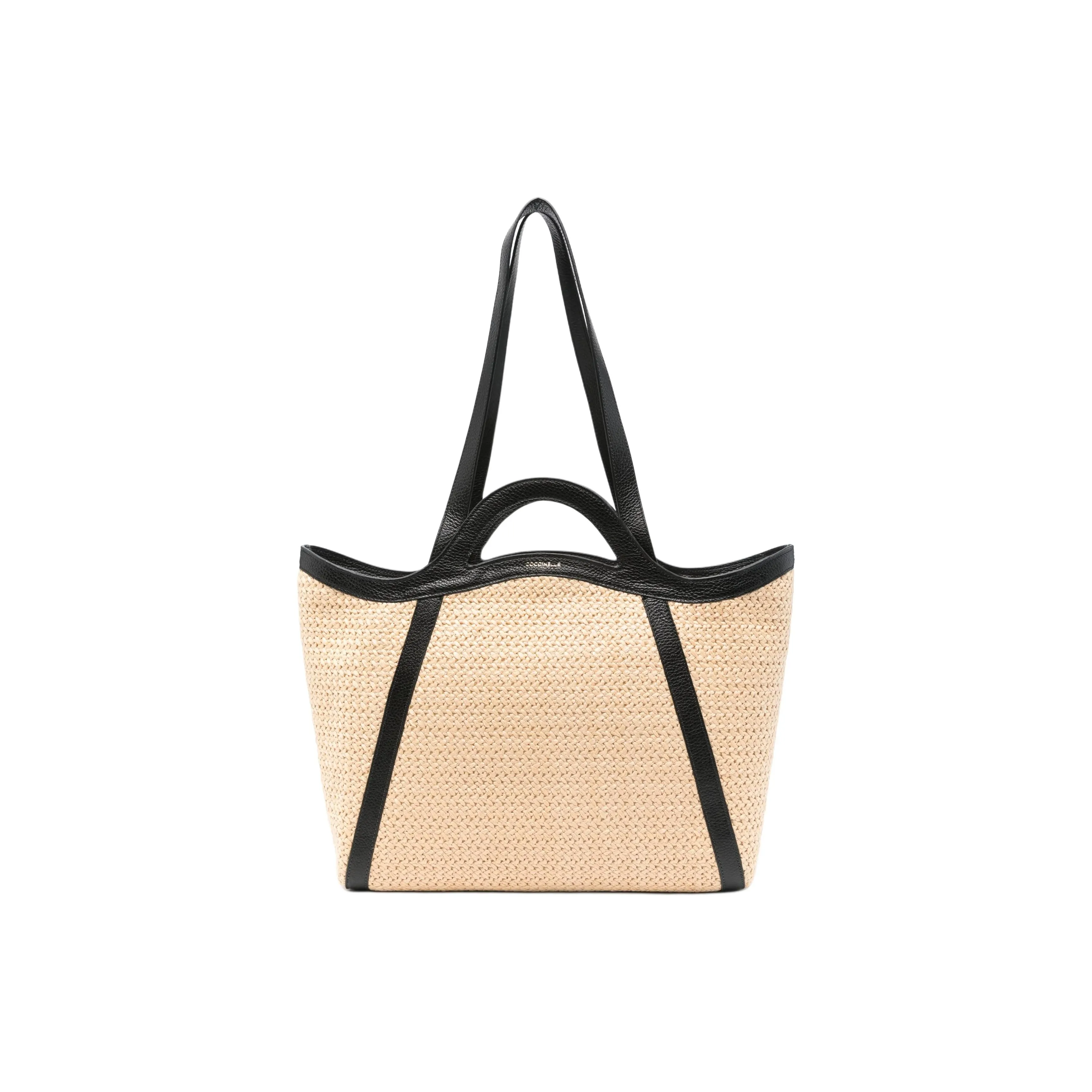COCCINELLE Raffia With Calfskin Tote Bag, Shopping Bag, Shoulder Bag, Handbag Women's Beige & Black