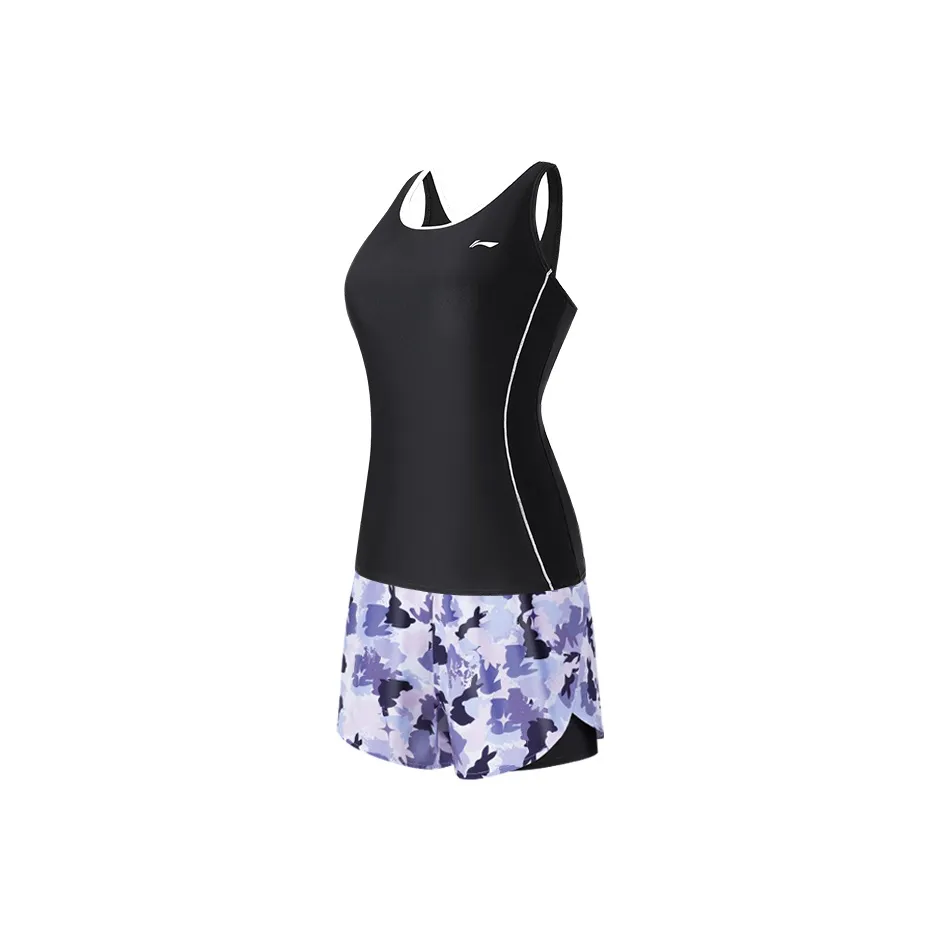 Два куска купальника женский элегантный черный фиолетовый цветочный дизайн