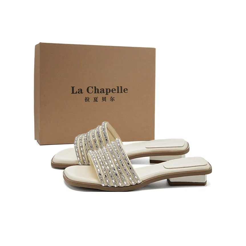 La Chapelle Rhinestone Abrasion Resistant Slippers Women's Beige