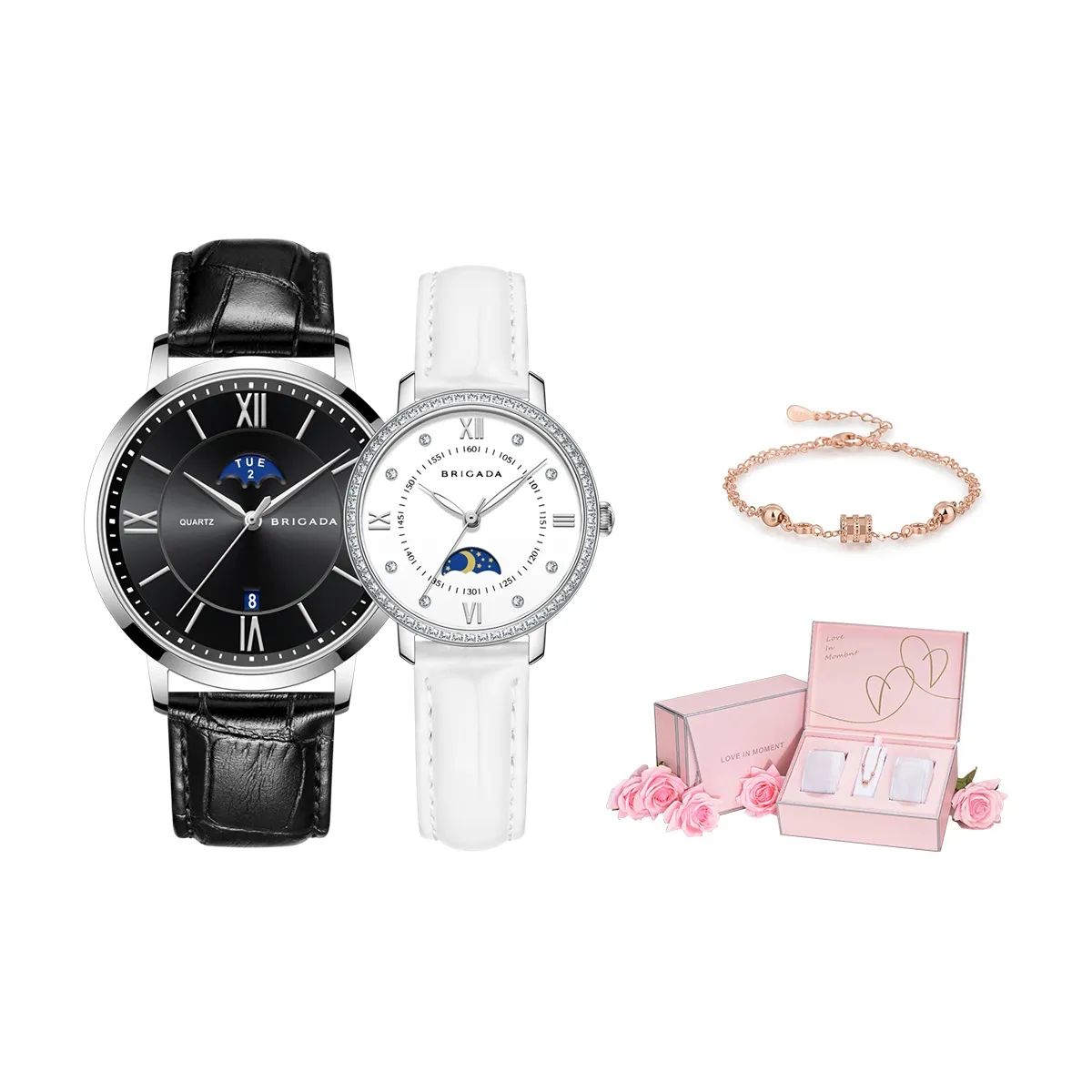 BRIGADA Sun Moon Star Collection Кварцевый механизм Естественная кожа Ремешок Часы Унисекс Белый циферблат