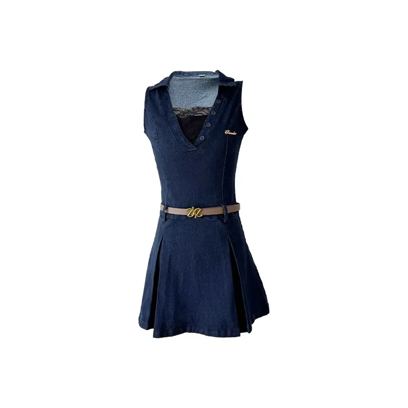 KYKW Винтажное синее женское платье без рукавов