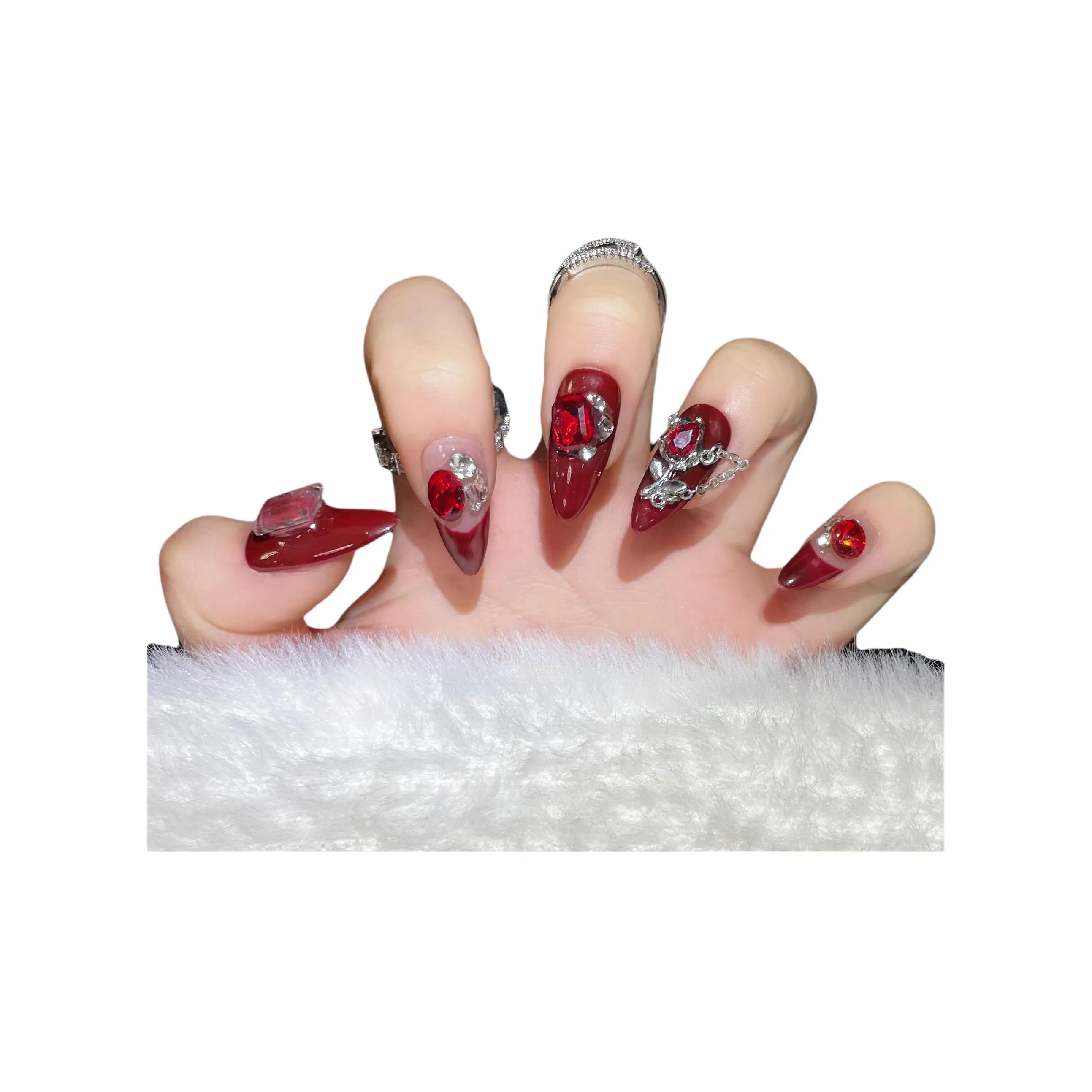 Rui Jin Капля воды Shaped Bridal Горячая девушка False Nail Миндаль Красный Однотонный Стразы Украшенный 22 мм