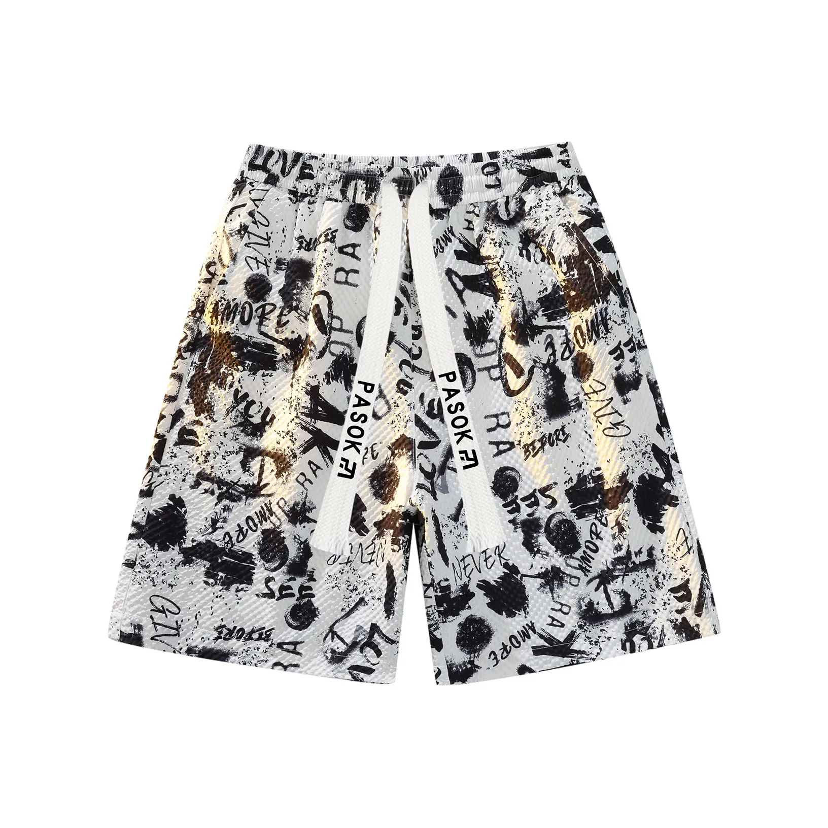 PASOK PA013AK Черный с буквенным принтом Белый Унисекс Повседневные шорты