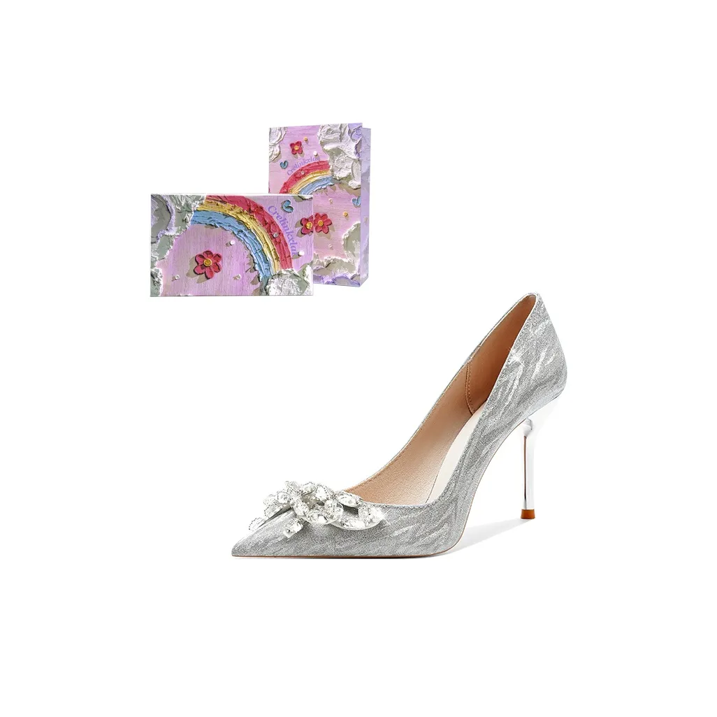 Crelinkxlat Французский Фея Мягкий Элегантность Минималистский стиль Высокие каблуки Женское Серебро