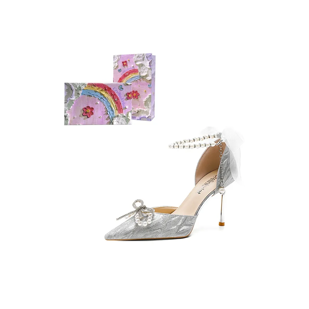 Crelinkxlat Заостренный носок Бант Кристальный Обувь Узкий каблук Коробка Для высоких каблуков Женская серебряная