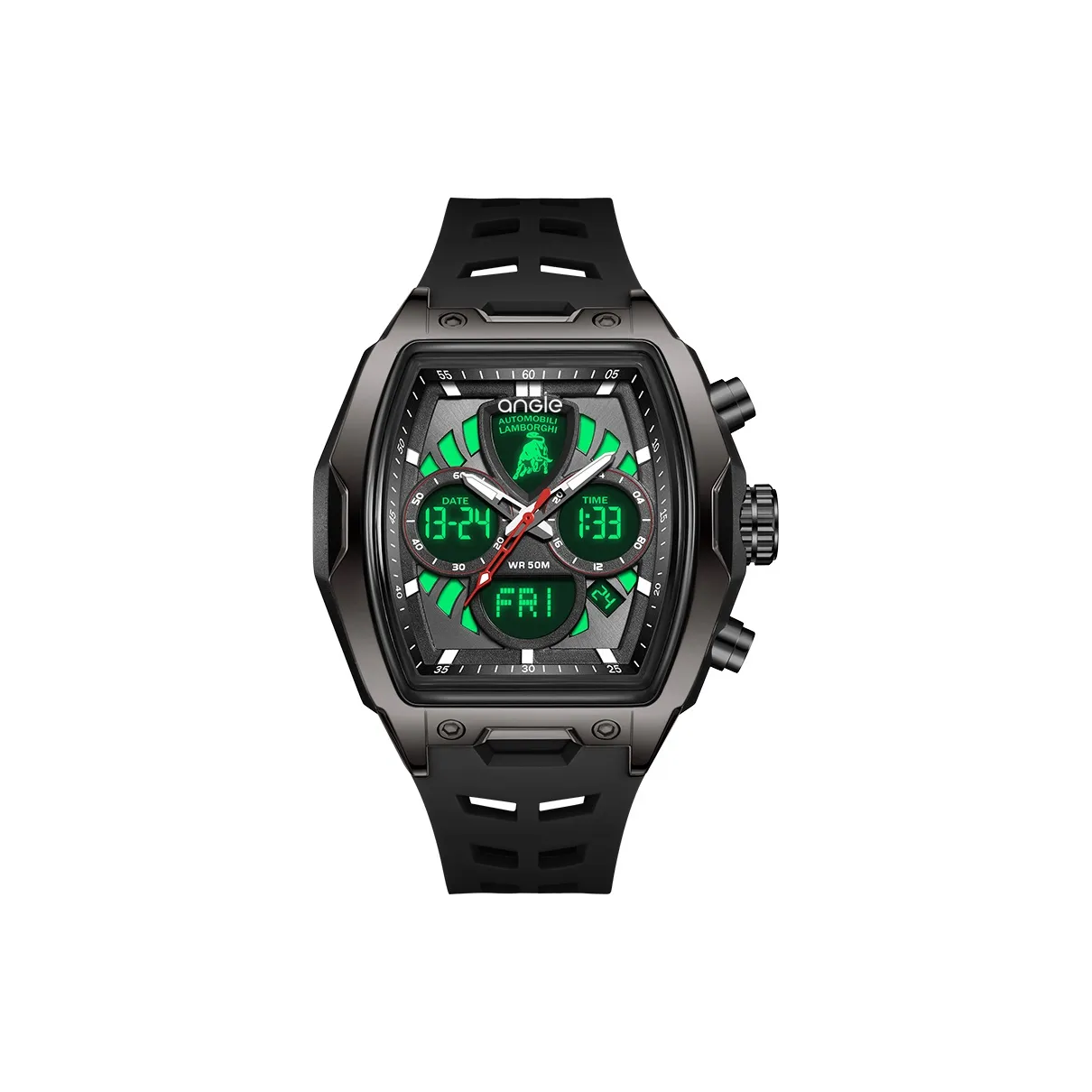 ANGIE PRESENT WATCH Lamborghini Big Cow Электронный + Кварцевый механизм Резиновый ремешок Часы Мужские Черный циферблат