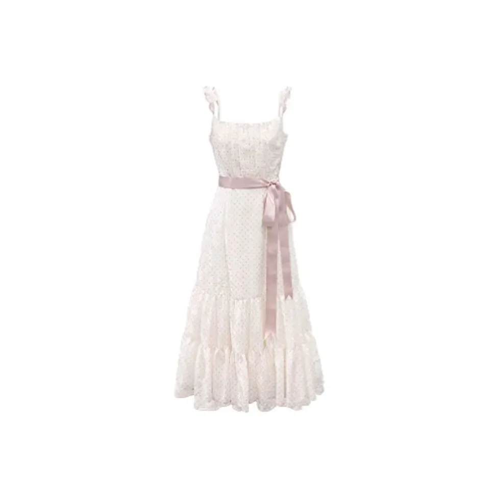 GUOZHEN Slip Dresses Women's Pink Polka Dot Maxi Skirt