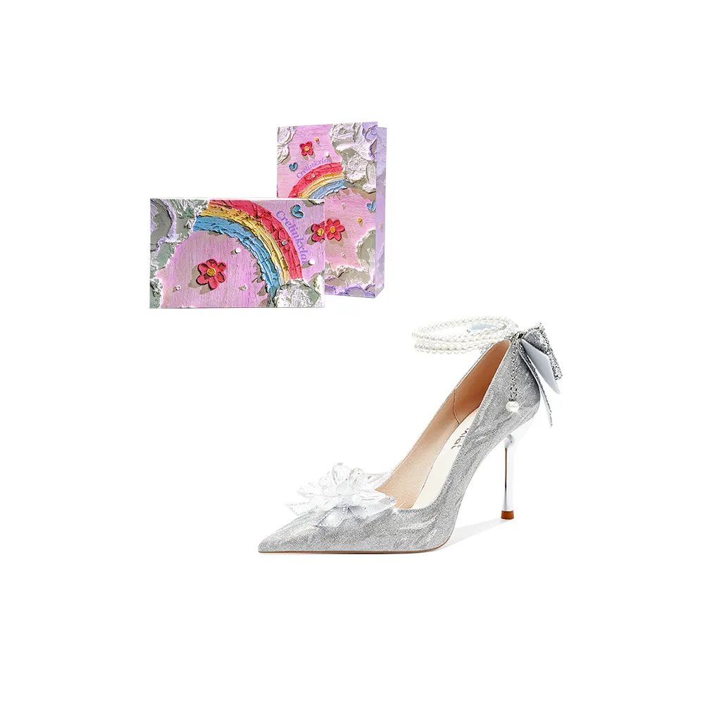 Crelinkxlat VALENTINE Розовая коробка Узкий каблук Высокие каблуки Женские серебряные