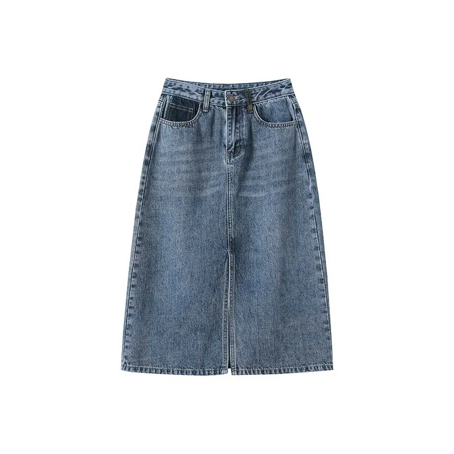 FAWENXIANGZI Деним Длинный Юбка Женские Винтажный синий