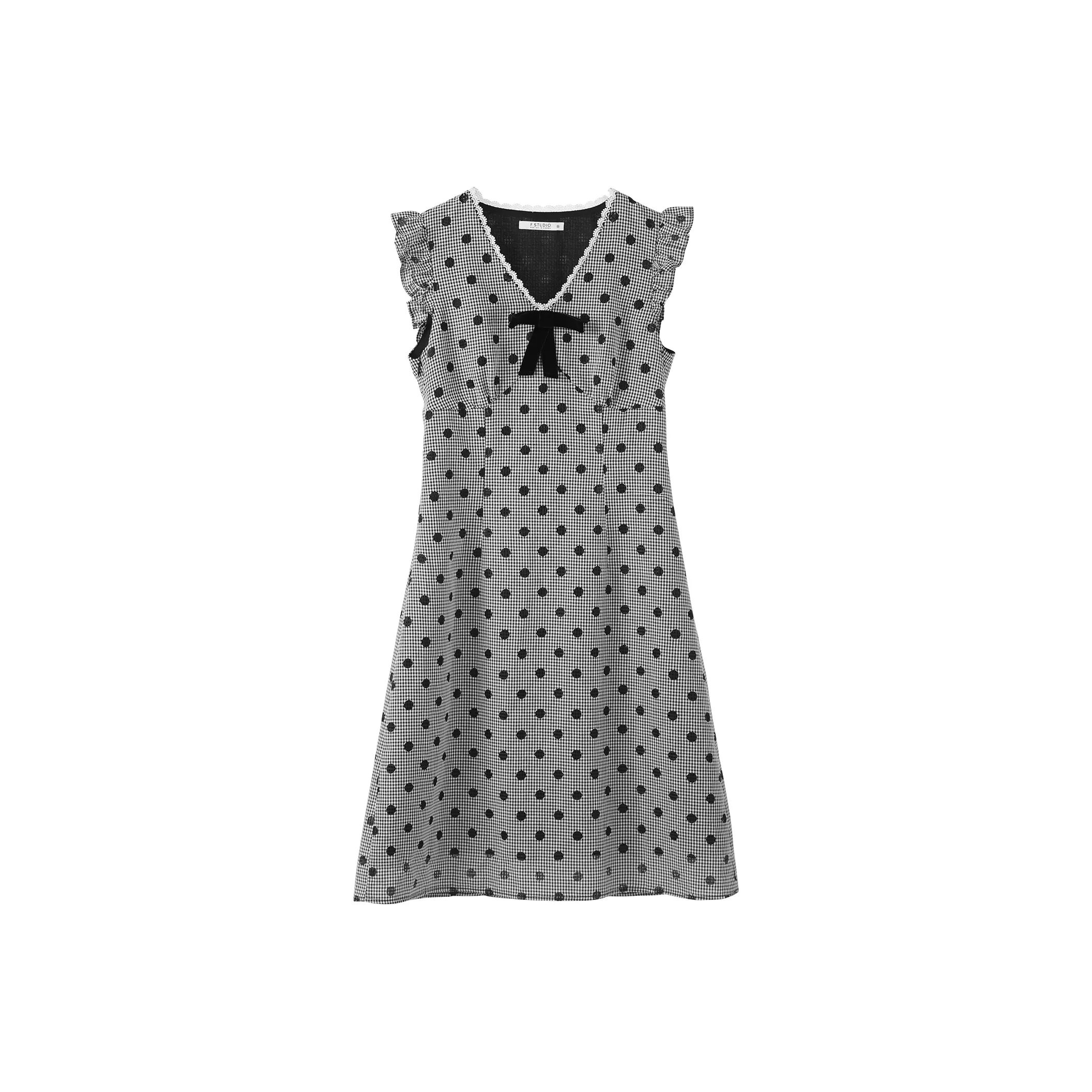 Fstudio Корейский стиль Ажурный В-образный вырез Бант А-линия Без рукавов Платье Женское