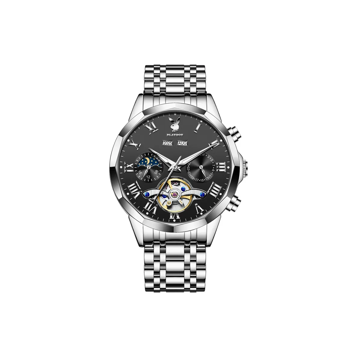 Коллекция Playboy Explorer Механическое механическое устройство Ремешок из нержавеющей стали Часы Мужские Черный циферблат