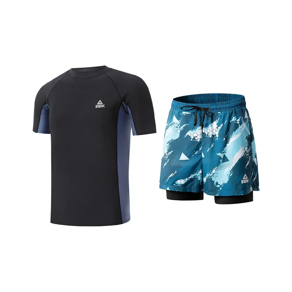 PEAK Men's Swimwear Men's Clothing Sets Black Short Sleeved Shirt+Blue Swimming Shorts