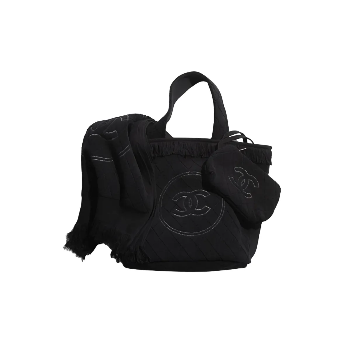 CHANEL Cotton Fabric Beach Bag Three Piece Set Handbag Combo Bag With Blanket Scarf Combo Set Women's Black
