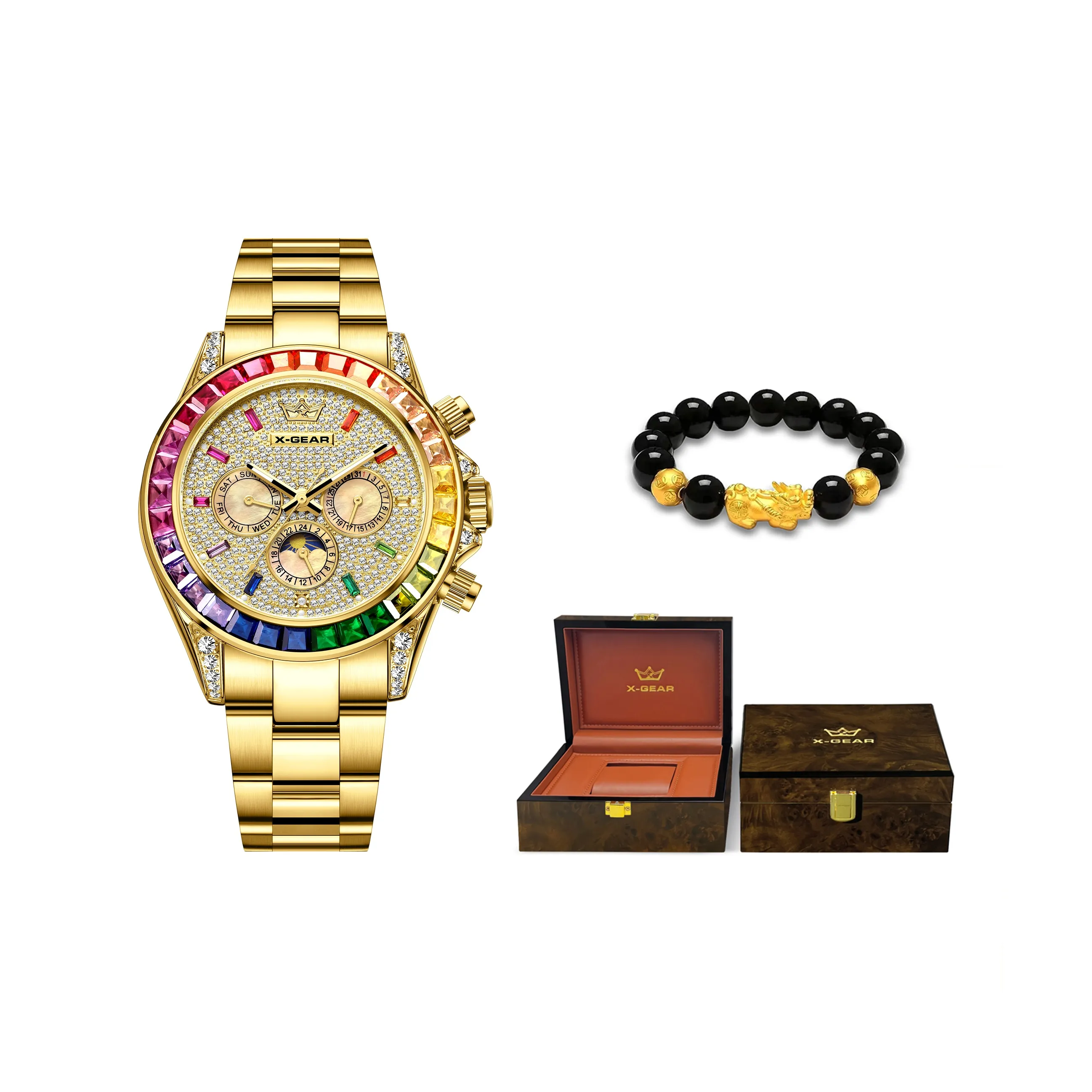 X Шестерня Автоматический Механический Механизм Ремешок из Нержавеющей Стали Часы Мужские Золотистый Циферблат