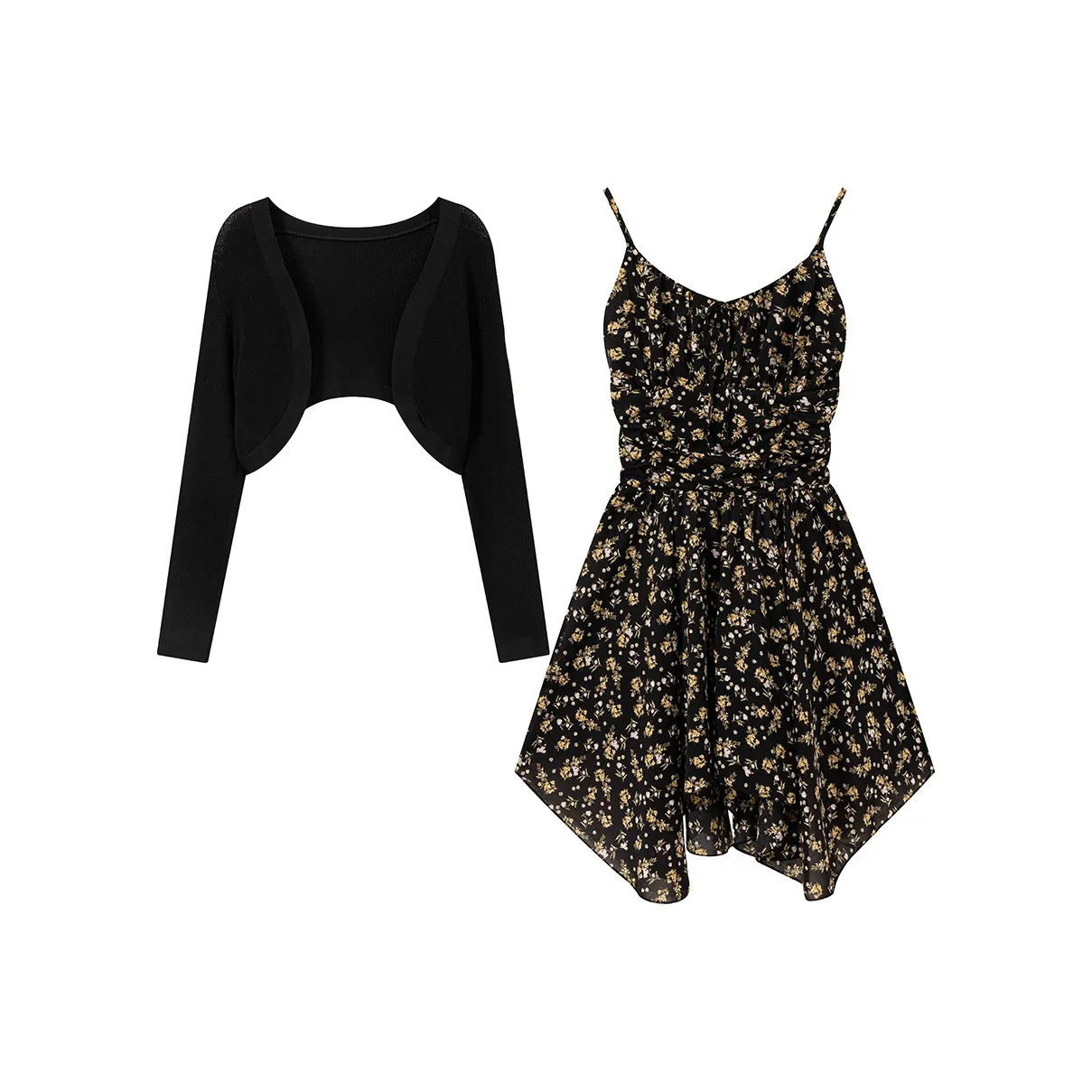 MORii Комплект с юбкой Женская Черная Шаль + Цветочное Платье-камзол