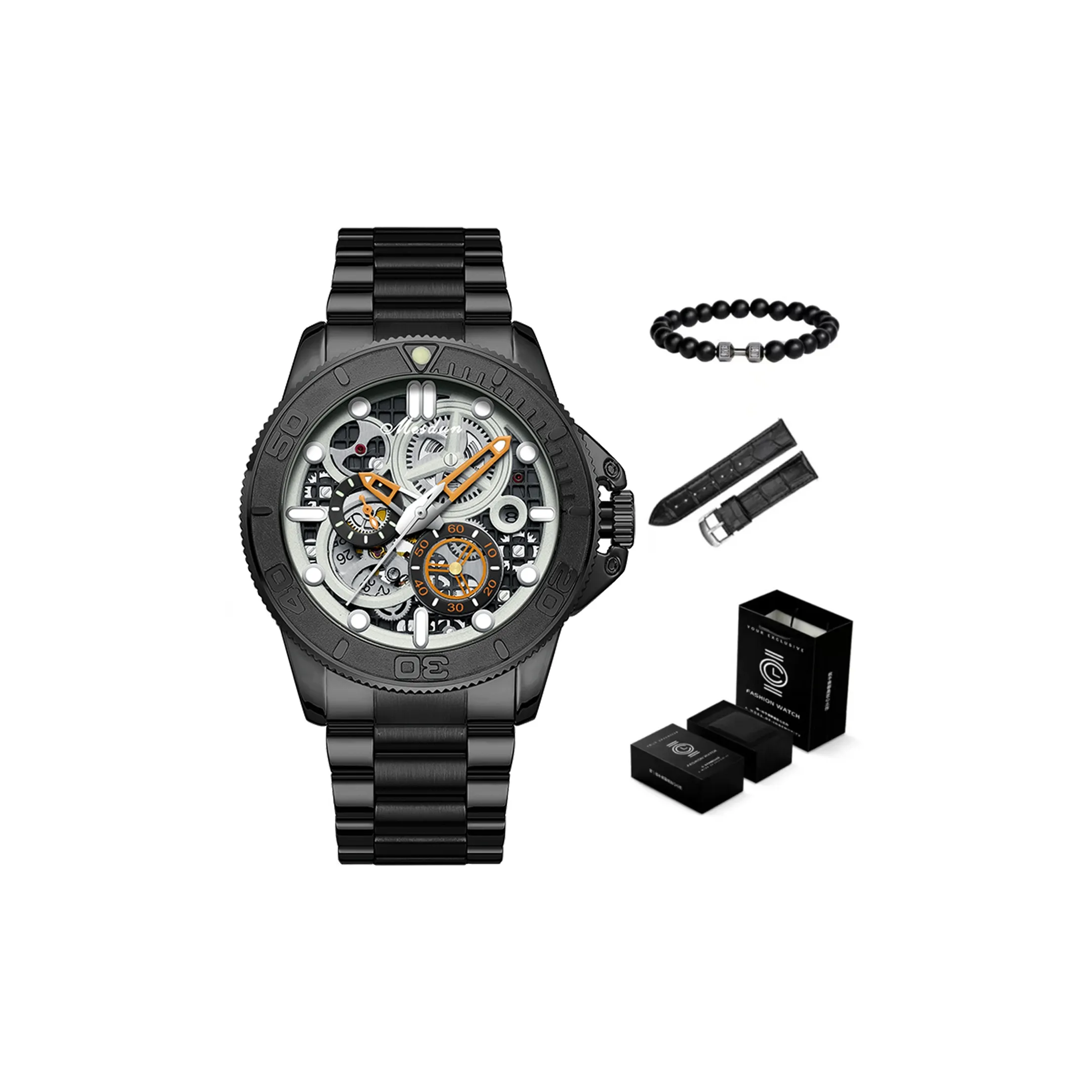 MESDUN Explorer Collection Автоматический Механический Механизм Нержавеющая Сталь Ремешок Часы Мужские Белый Циферблат