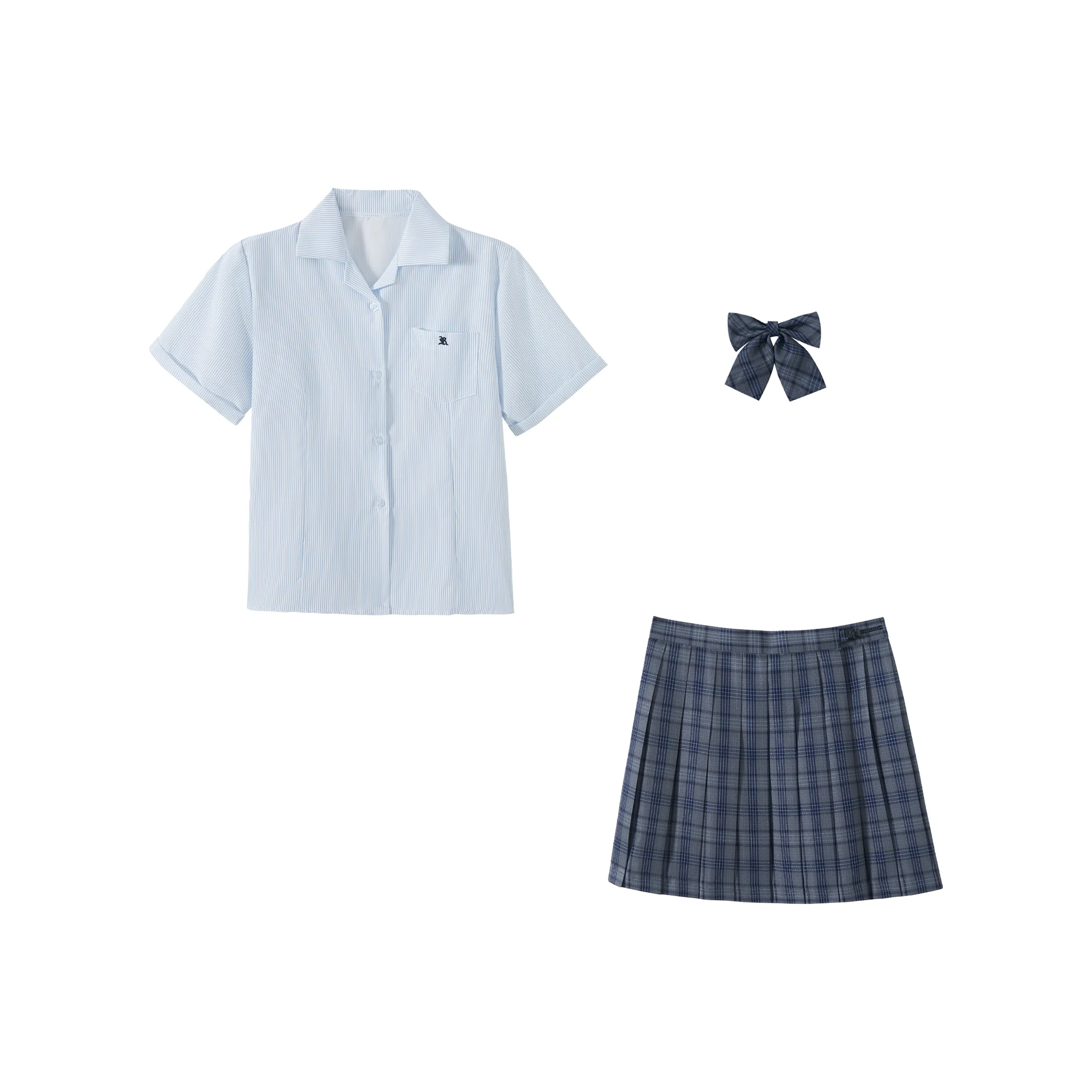 KAZAN Uniforms Women's Light Blue Three Piece Set Light Blue Striped Embroidery Shirt+Dark Gray Pleated Skirt+Dark Gray Bow Tie