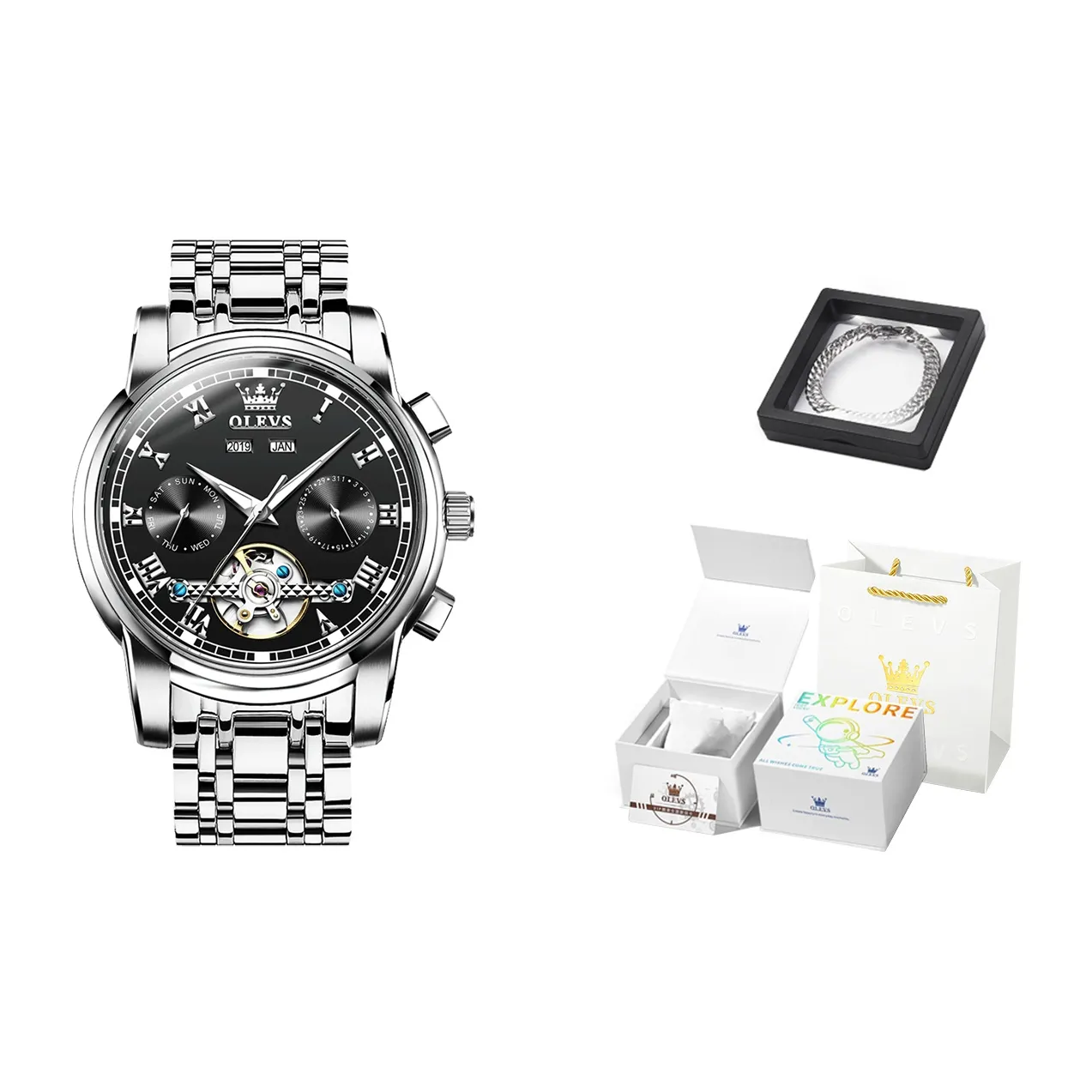 OLEVS Play The Cool Series Mechanical Movement Watch Men's Watches Black Dial