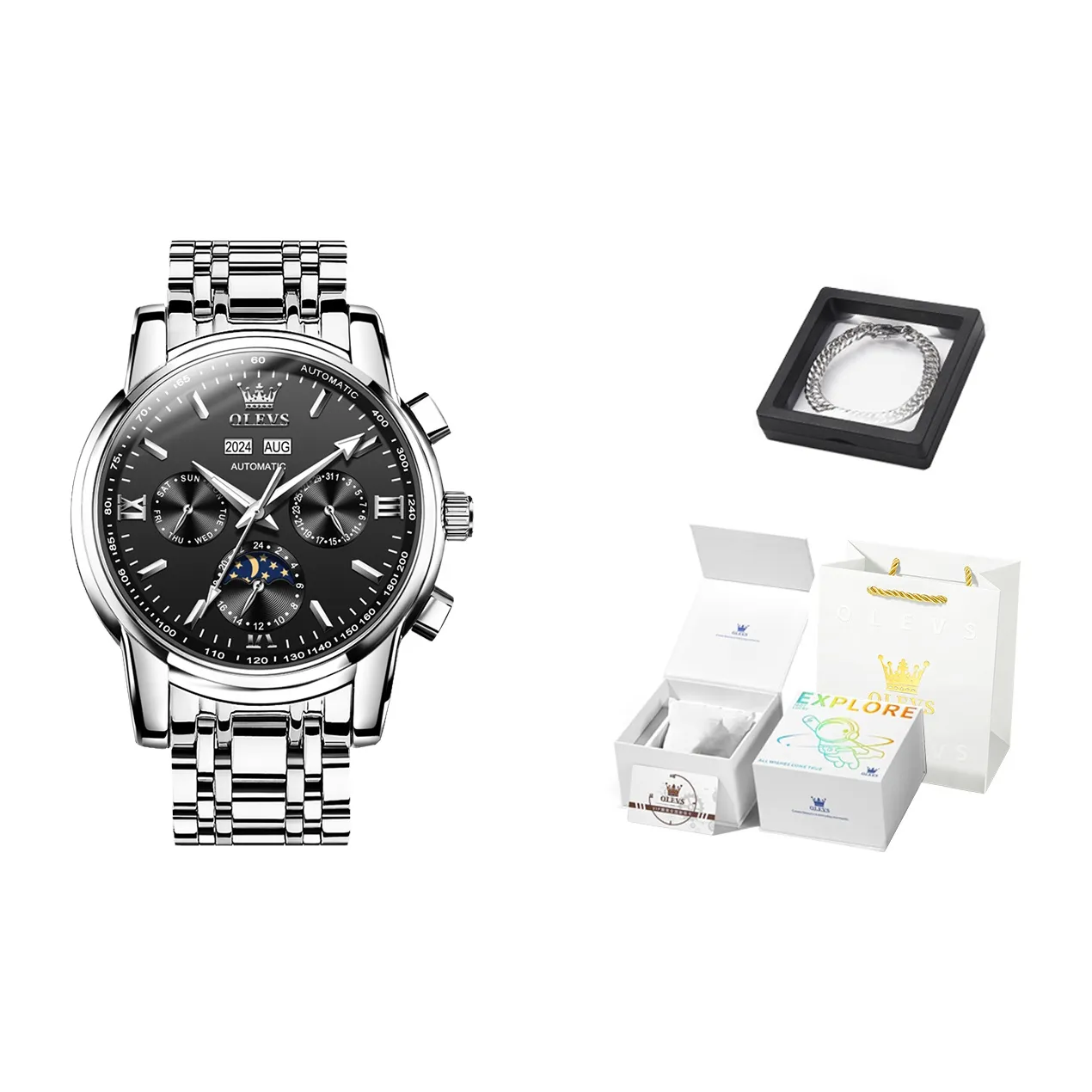 OLEVS Mechanical Movement Stainless Steel Watchband Watch Men's Watches Black Dial