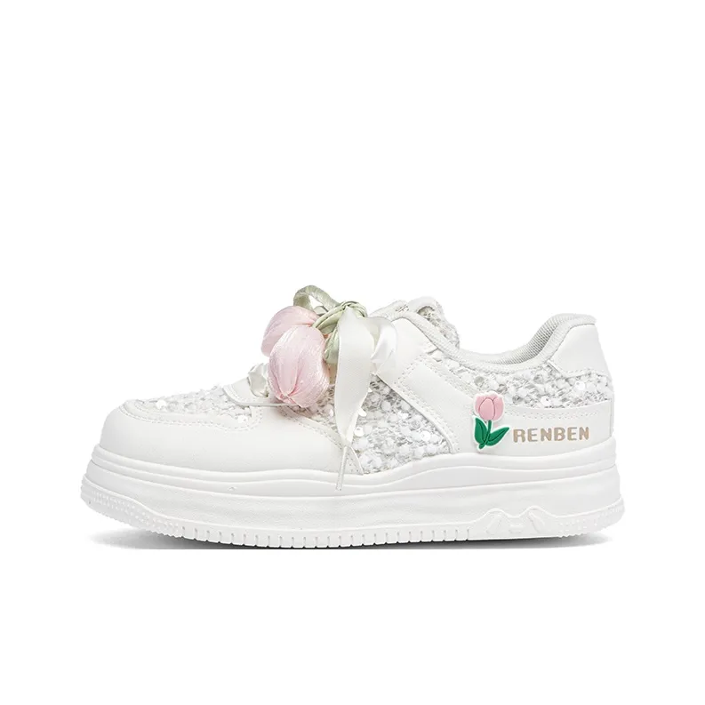 RENBEN Slip Resistant Shock Absorbers With Abrasion Resistant Properties Low Top Skateboard Shoes Women's White Pink