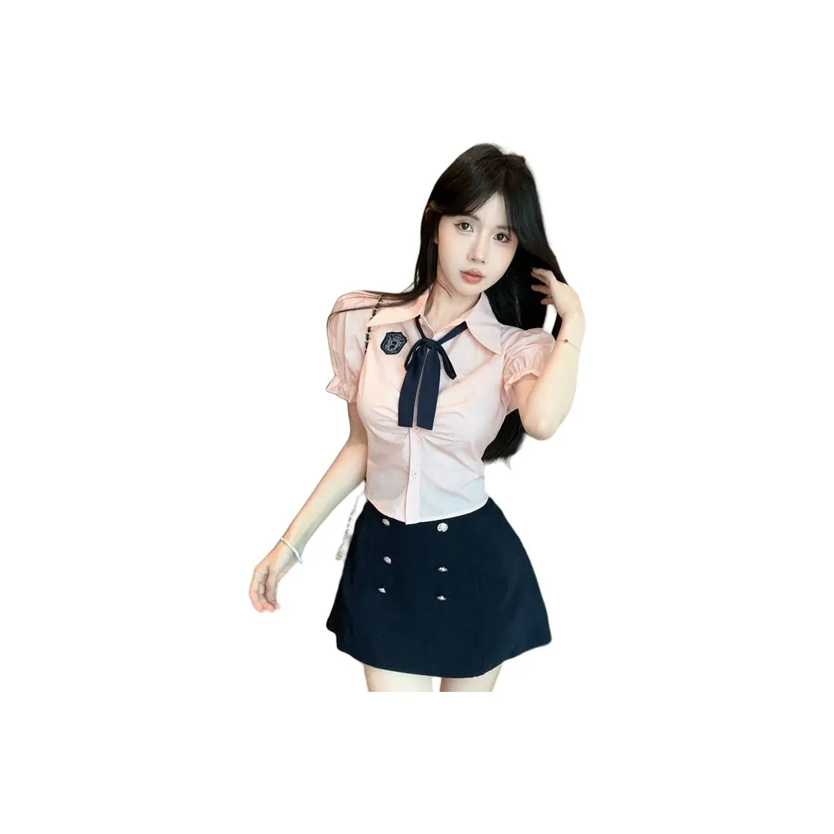DGMZ Uniforms Women's Pink Top+Blue Skirt With Bow Ties Clothing Set