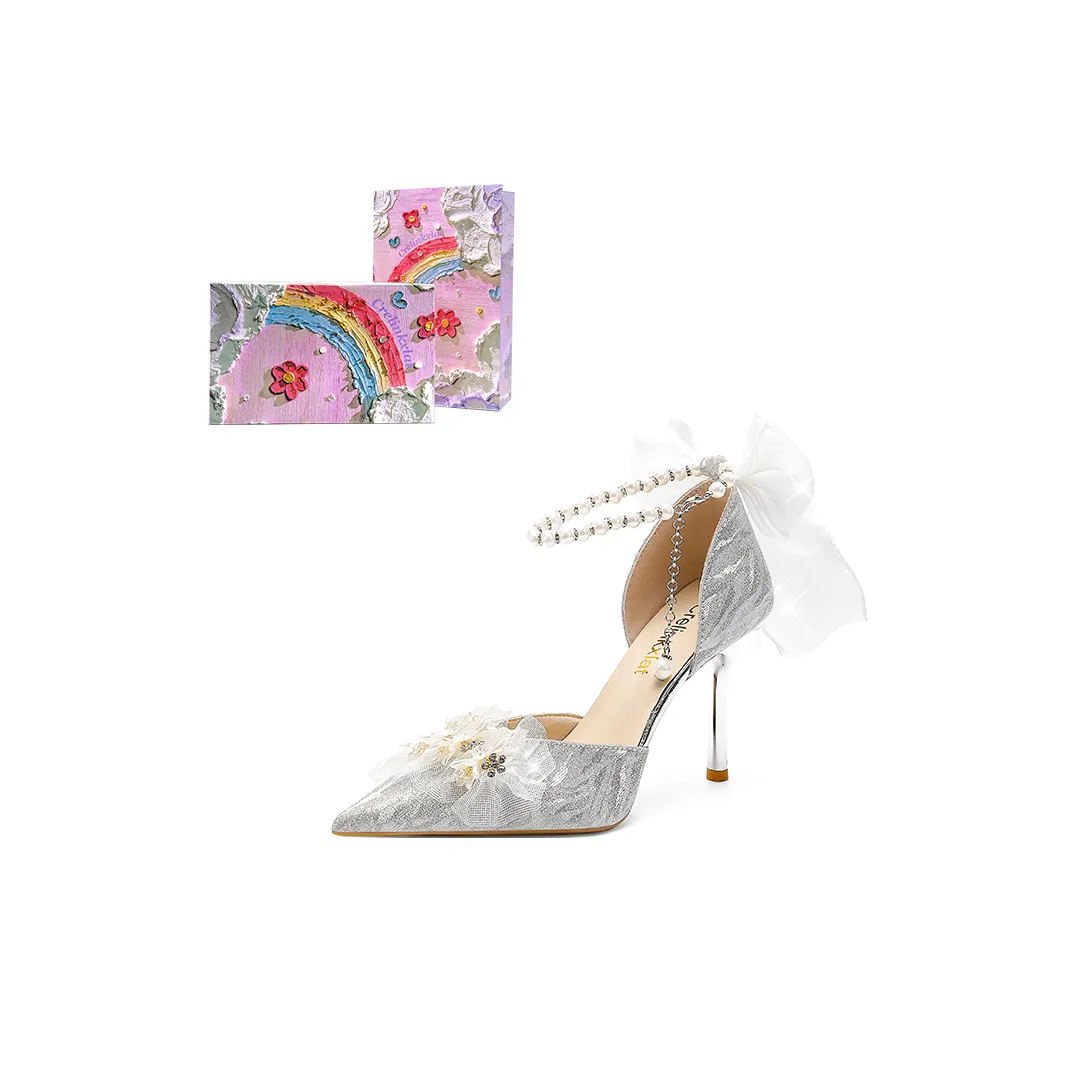 Crelinkxlat [Glazed Star] Pearl Bowknot Crystal Wedding Shoes High Heels Women's